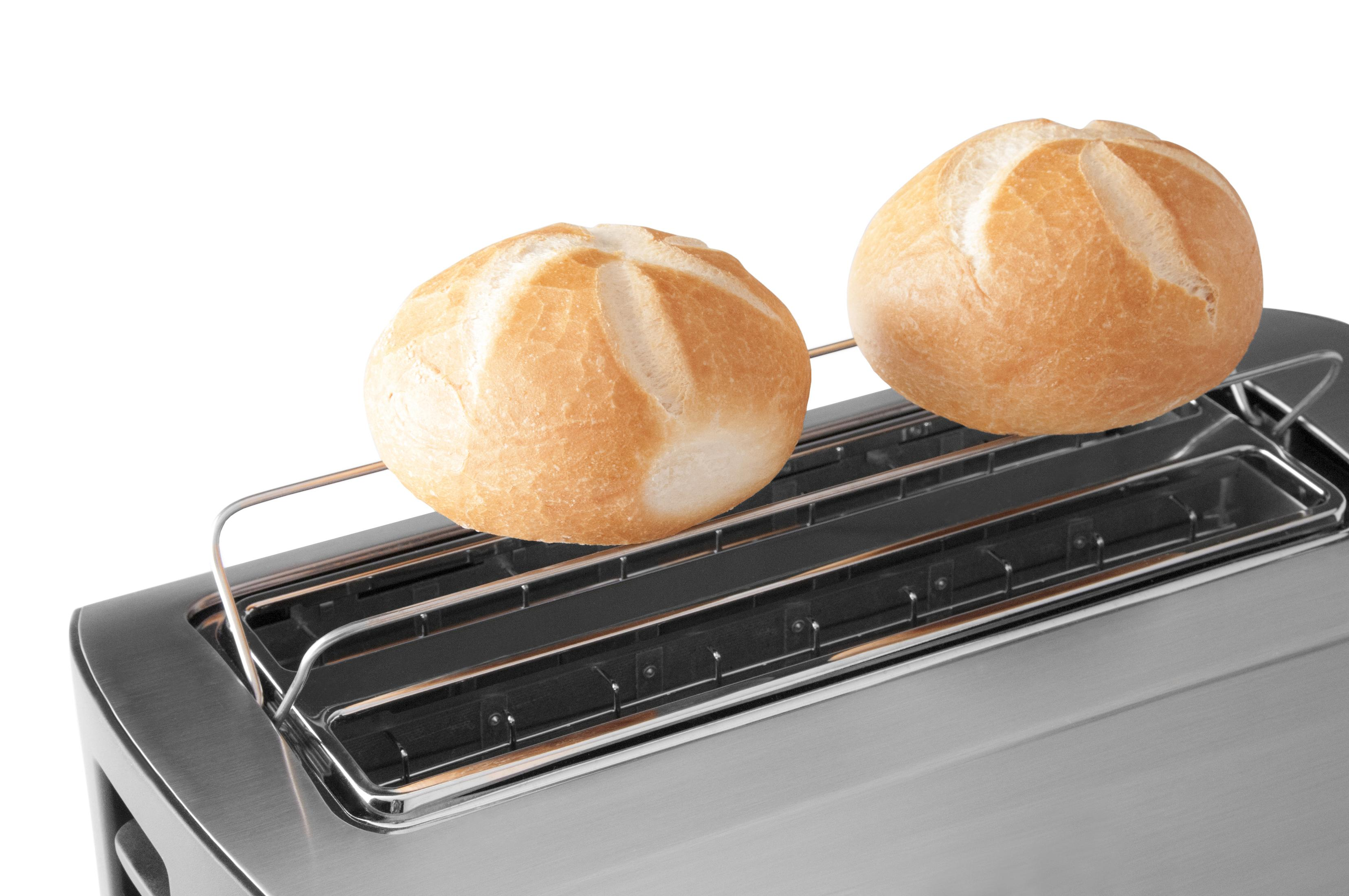 Zwei Brötchen auf einem Toaster-Gitter. Weißer Hintergrund.