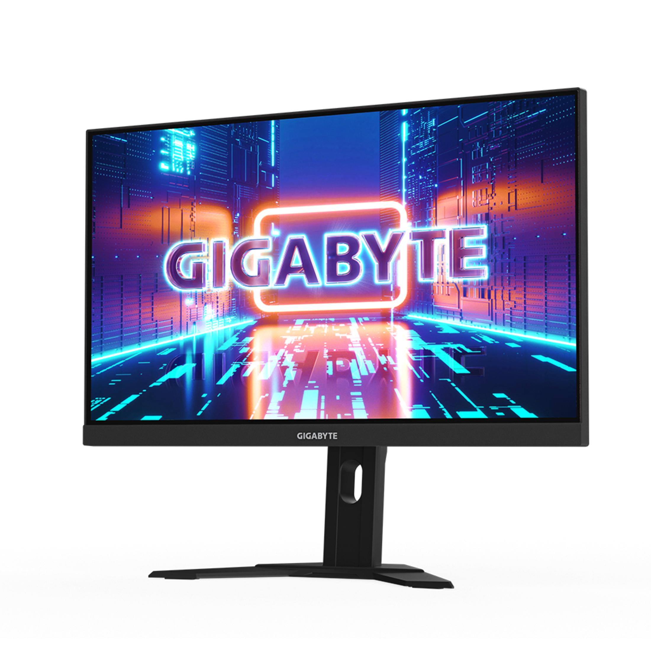 Monitor Gigabyte con schermo luminoso. Supporto nero, sfondo bianco.