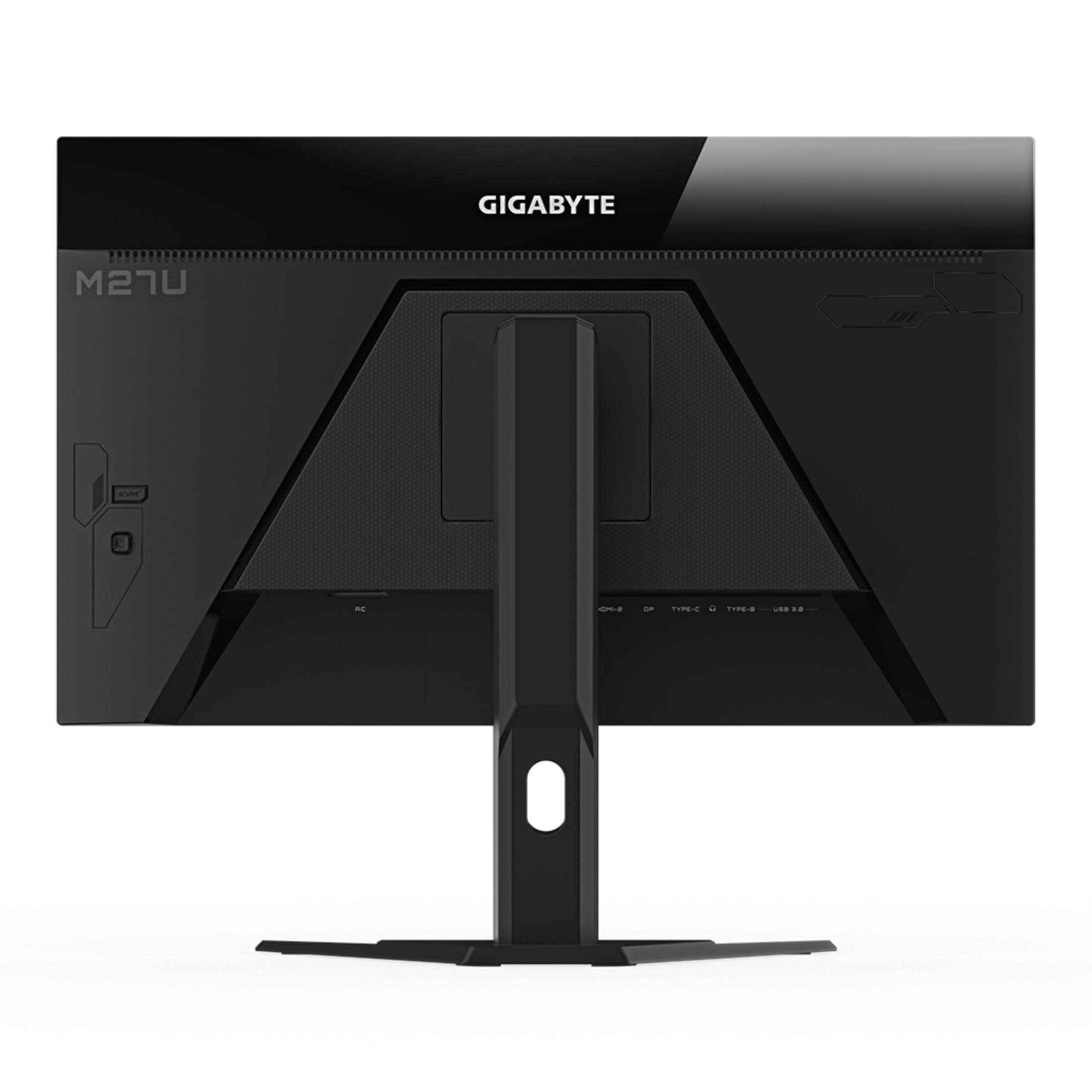 Retro di un monitor Gigabyte M27Q nero con supporto. Porte visibili, logo in alto.