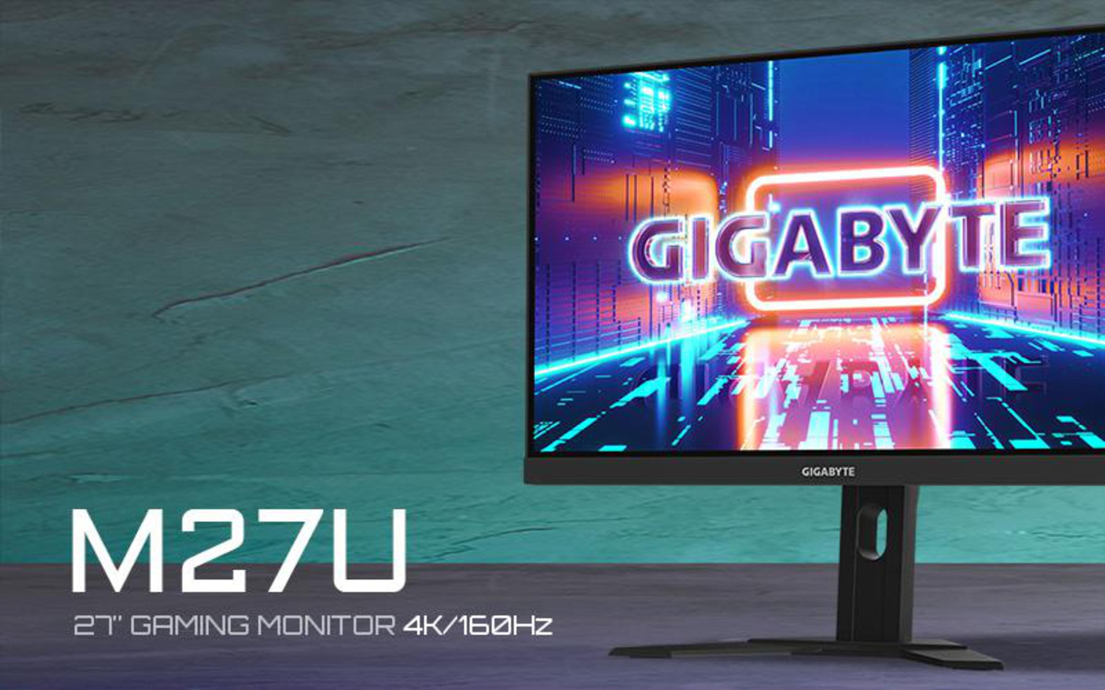 Monitor gaming Gigabyte. Modello M27U, 27 pollici, 4K/160Hz. Sfondo scuro. Logo luminoso.