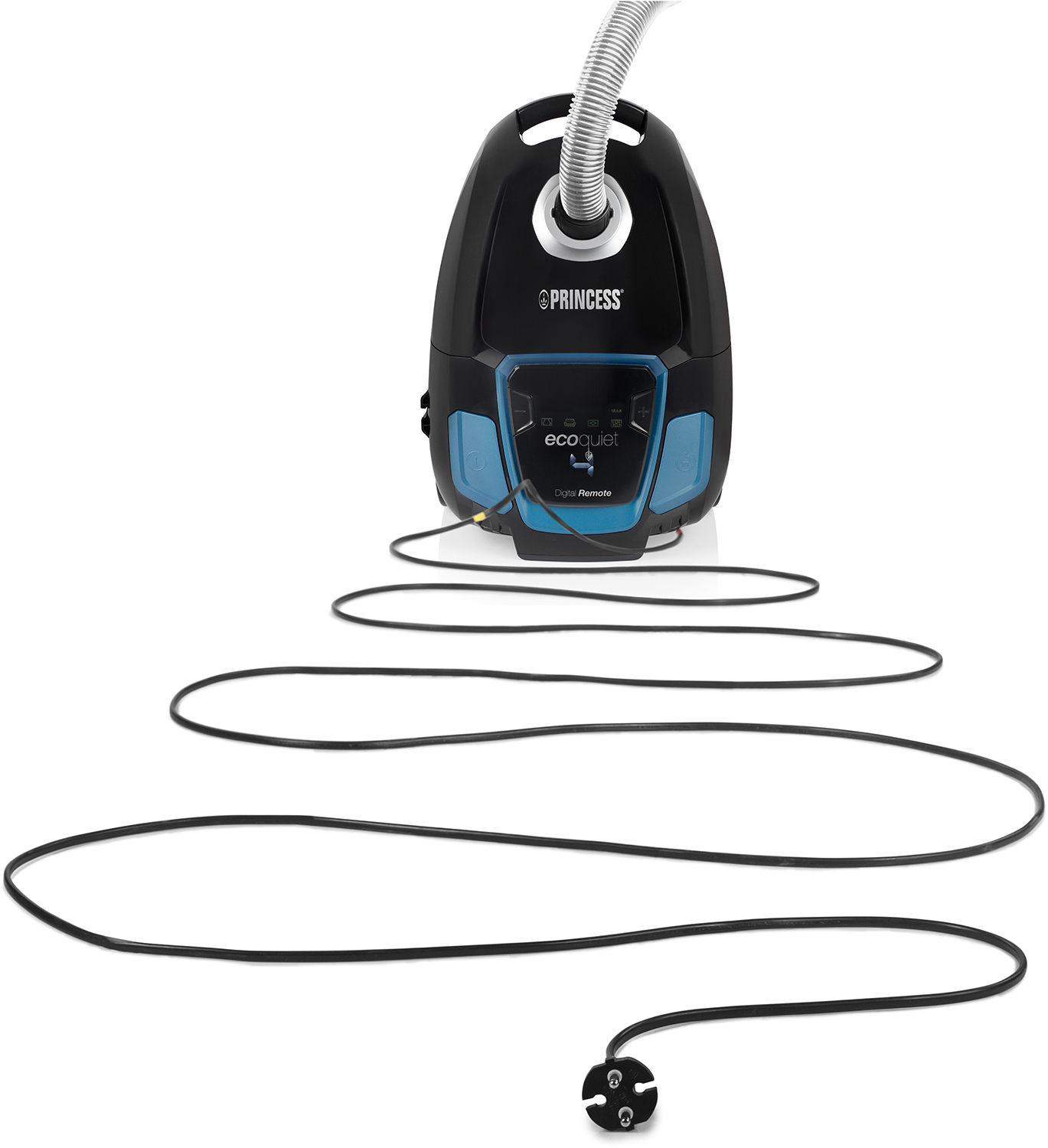 Un aspirapolvere Princess ecoquiet nero e blu con un lungo cavo di alimentazione nero.