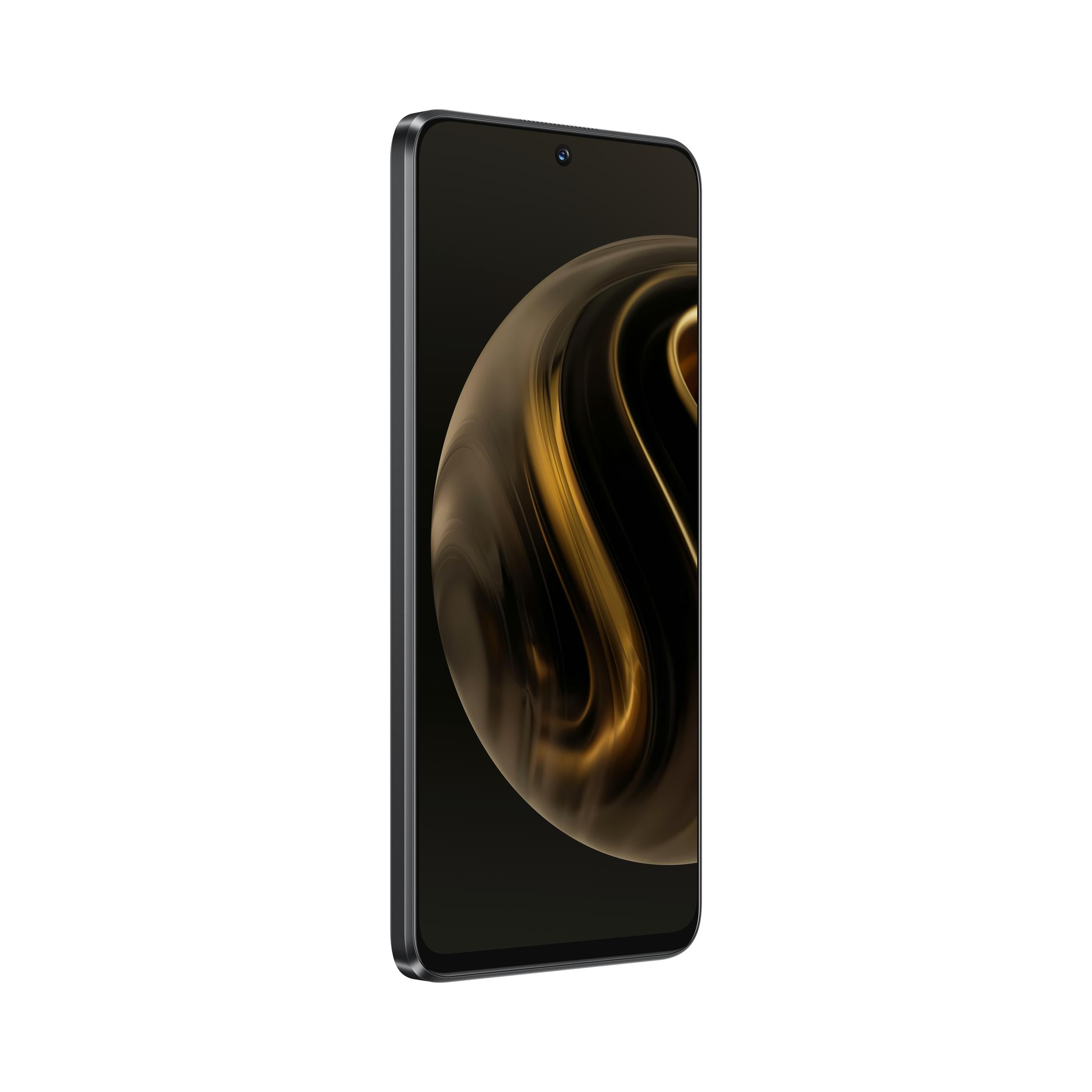 Ein schwarzes Smartphone, dessen Bildschirm ein goldenes Design zeigt.