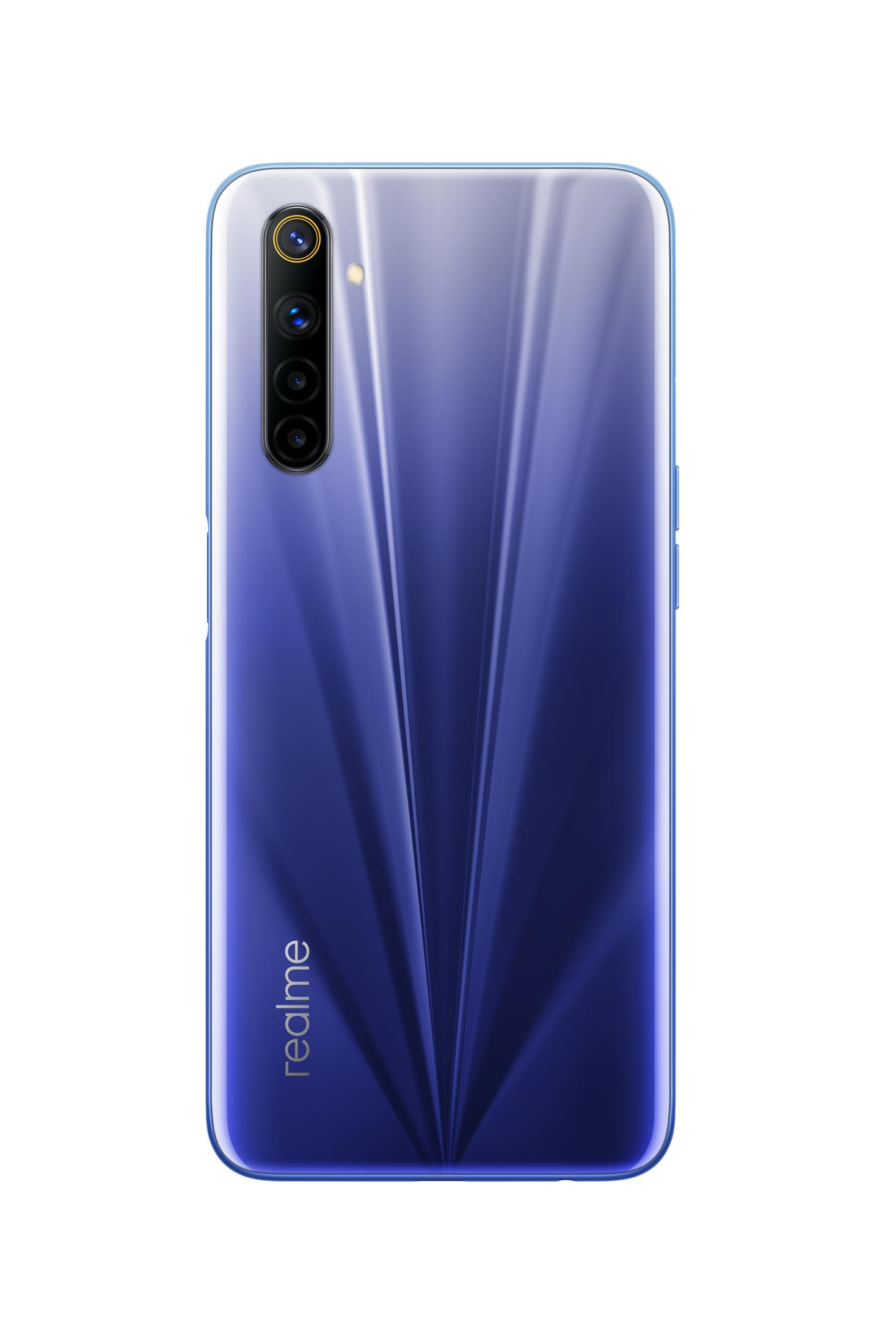 Niebieski telefon z aparatem z tyłu. Telefon ma gradient kolorów i logo realme.