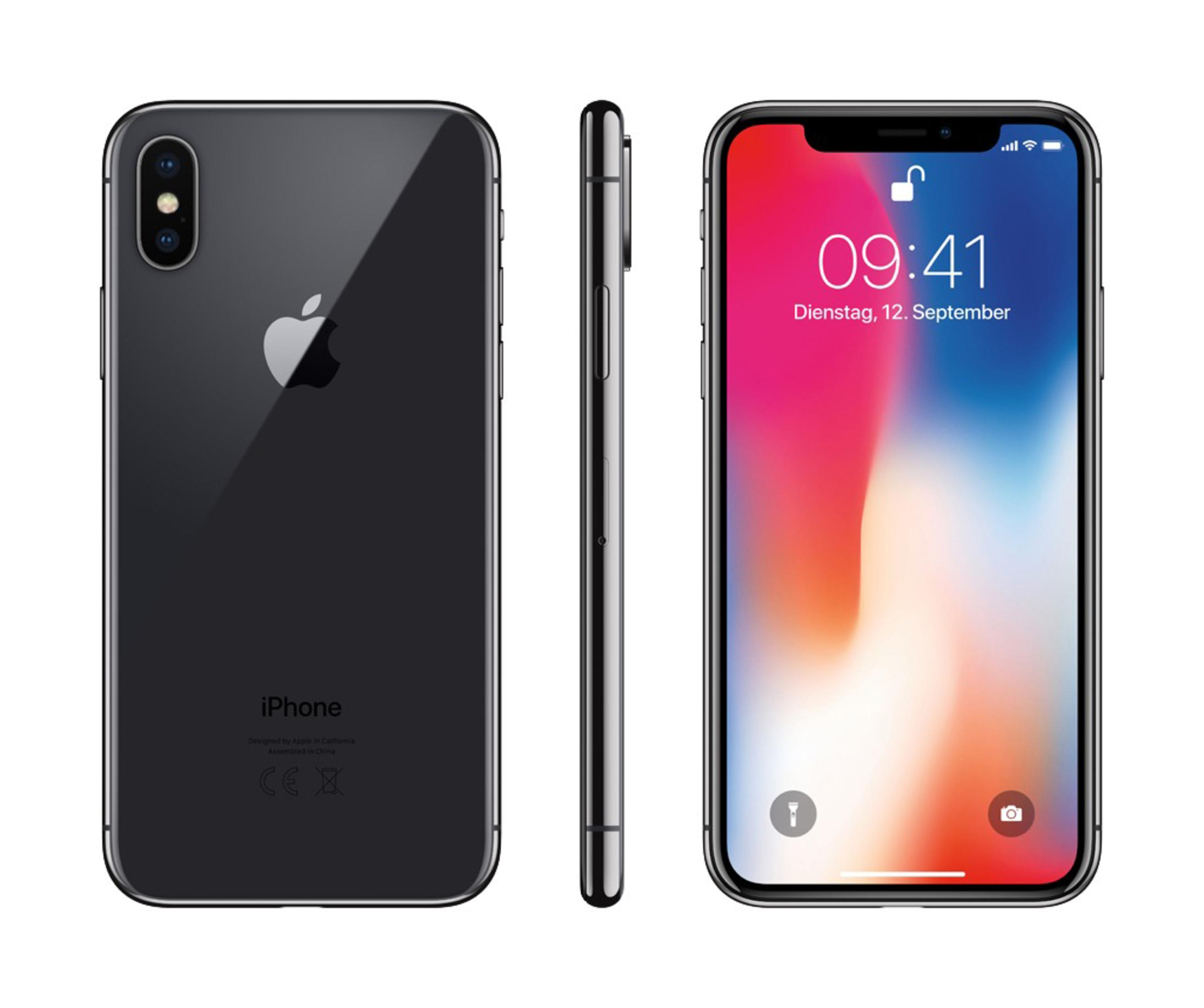 Czarny iPhone X. Pokazuje ekran i tył. Tło jest białe.