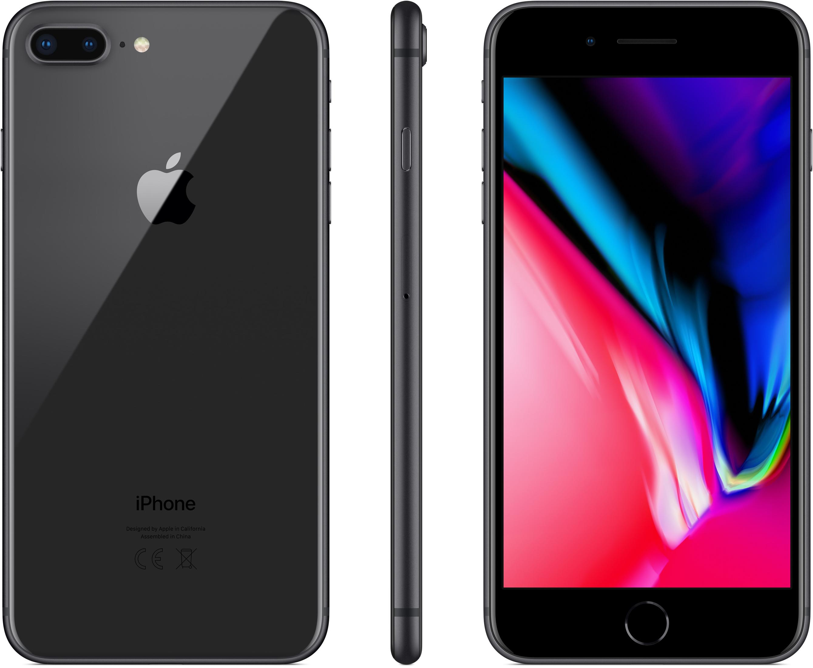 Czarny iPhone 8 Plus, widok z przodu, z tyłu i z boku, z logo Apple. Wyświetla kolorowy obraz na ekranie.