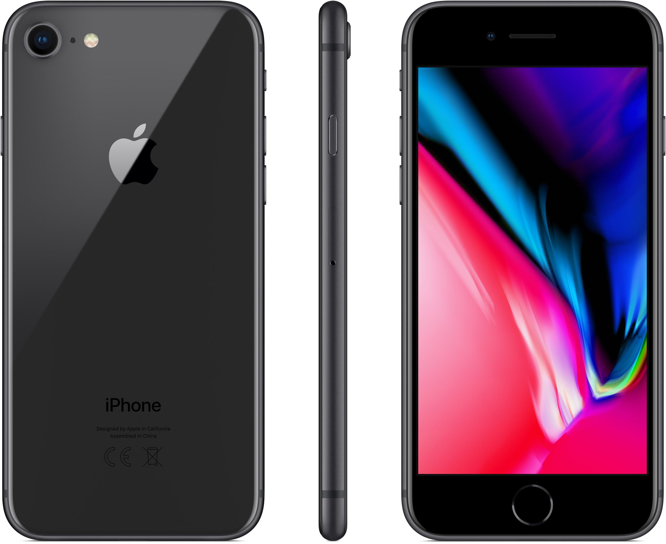 Czarny smartfon z logo Apple. Widok z boku, przodu i tyłu.