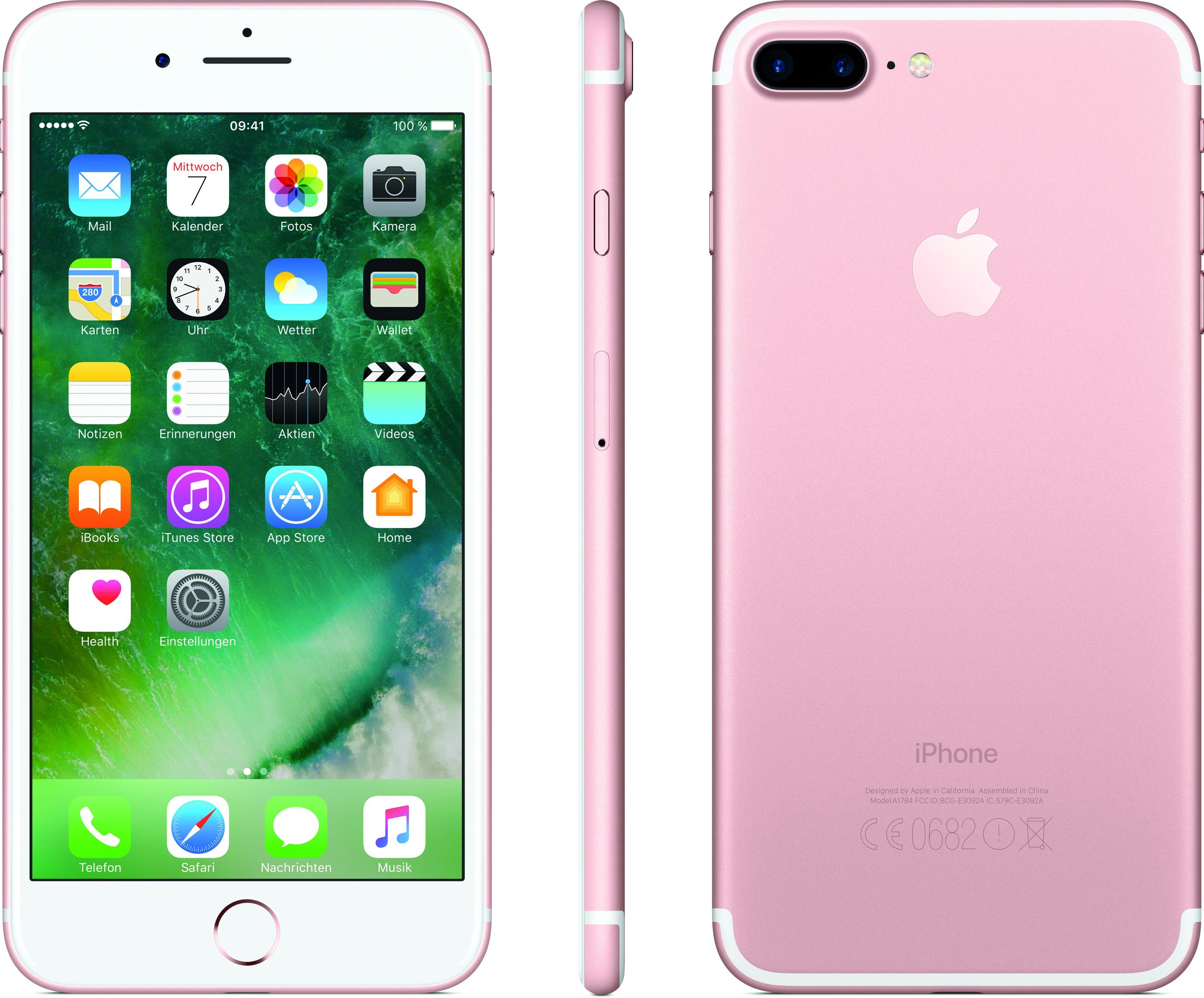 Roze iPhone met drie weergaven: voor-, zij- en achterkant.