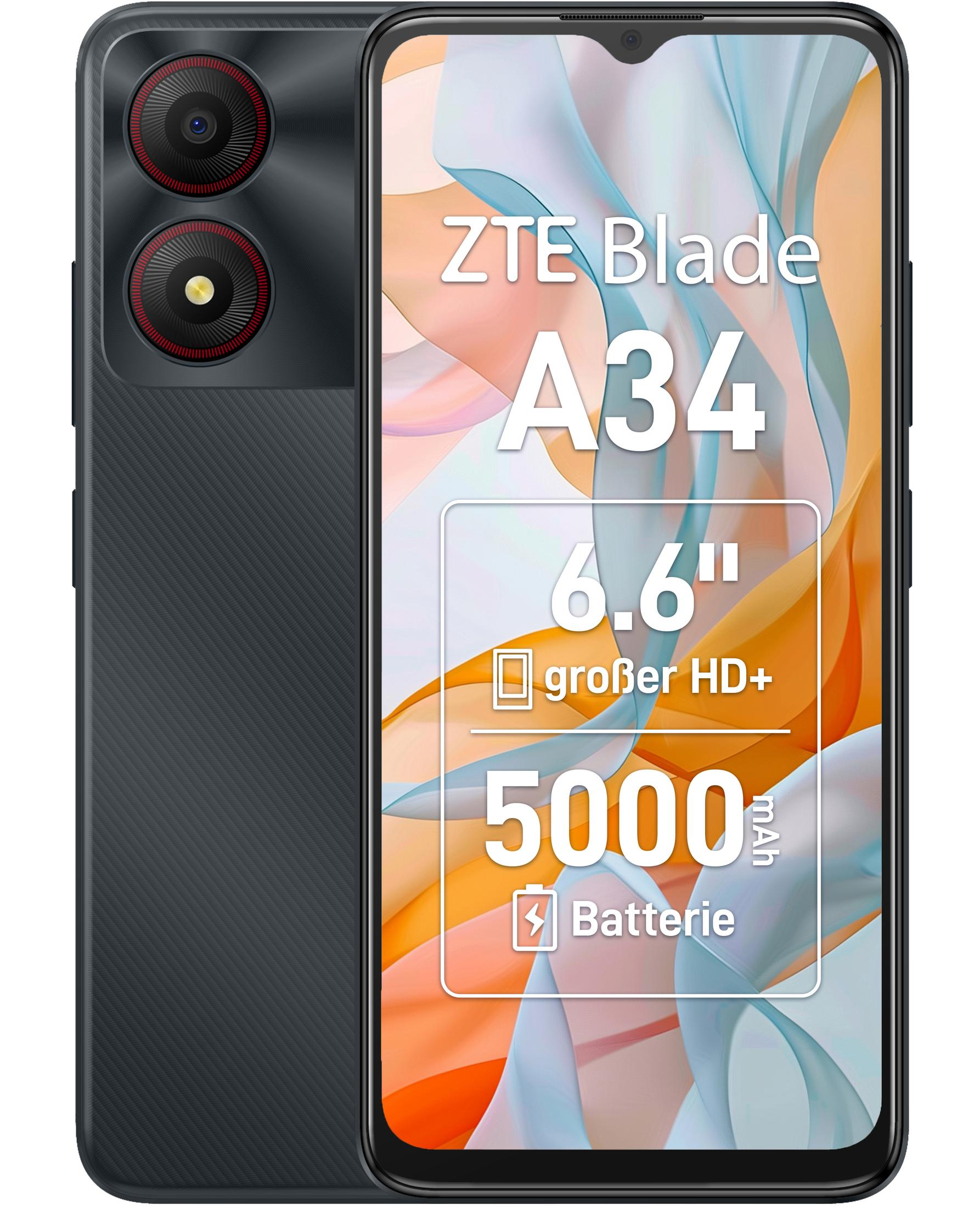 Dunkelgraues ZTE Blade A34 Smartphone mit Dual-Kameras, Bildschirm an, Telefon-Details.