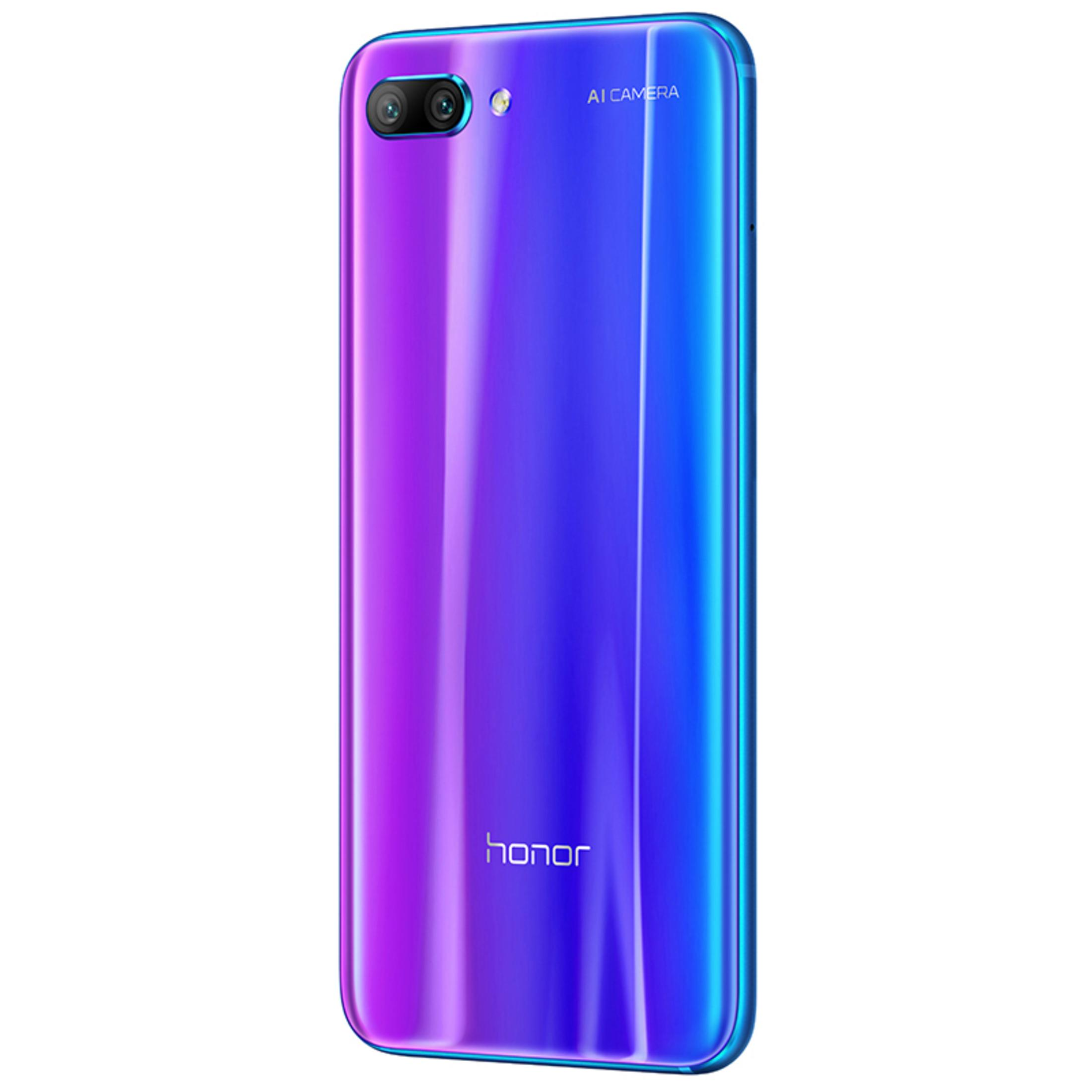 Rückansicht eines lila und blauen Honor-Telefons mit zwei Kameras und dem 'honor'-Logo.