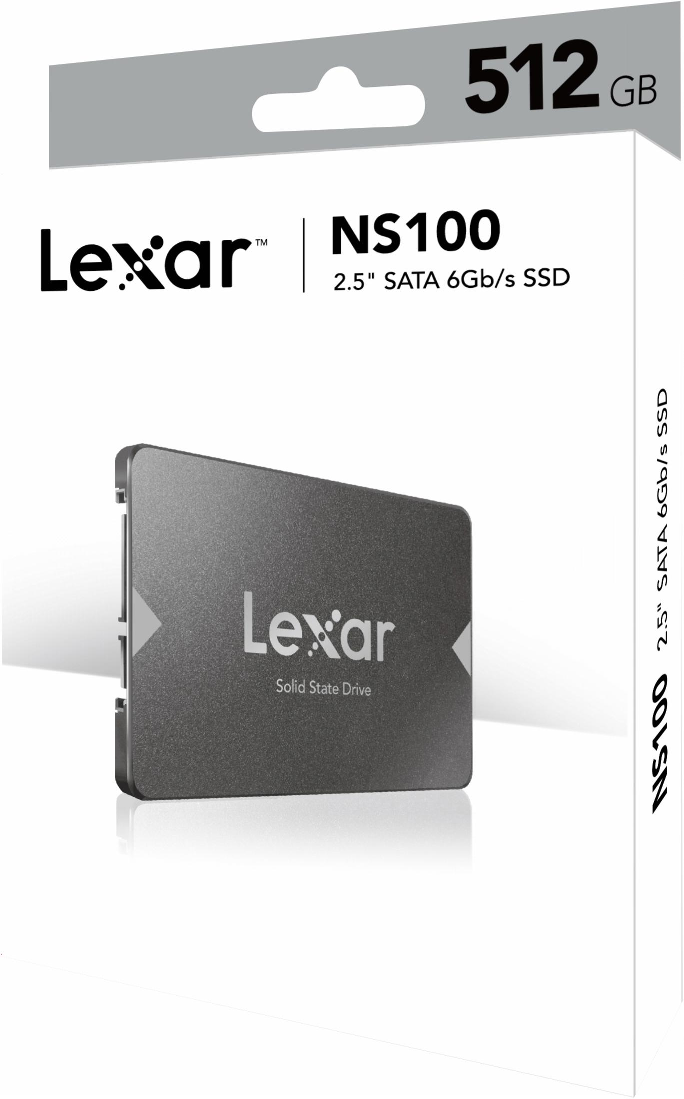 Pudełko SSD Lexar NS100 z produktem, białe tło.