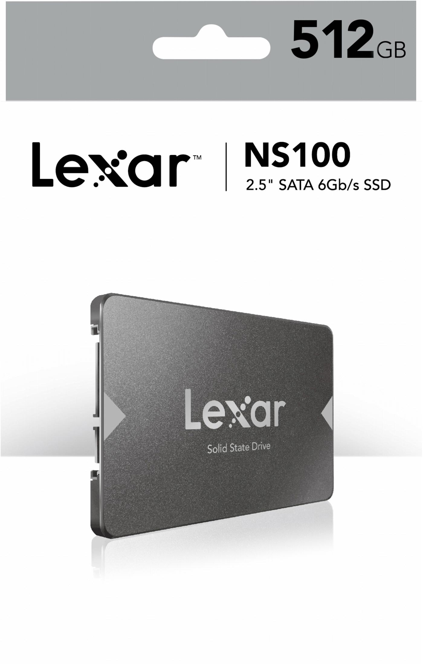 Opakowanie dysku SSD Lexar z etykietą 512 GB i samym dyskiem. Jest to dysk SSD SATA 2,5".