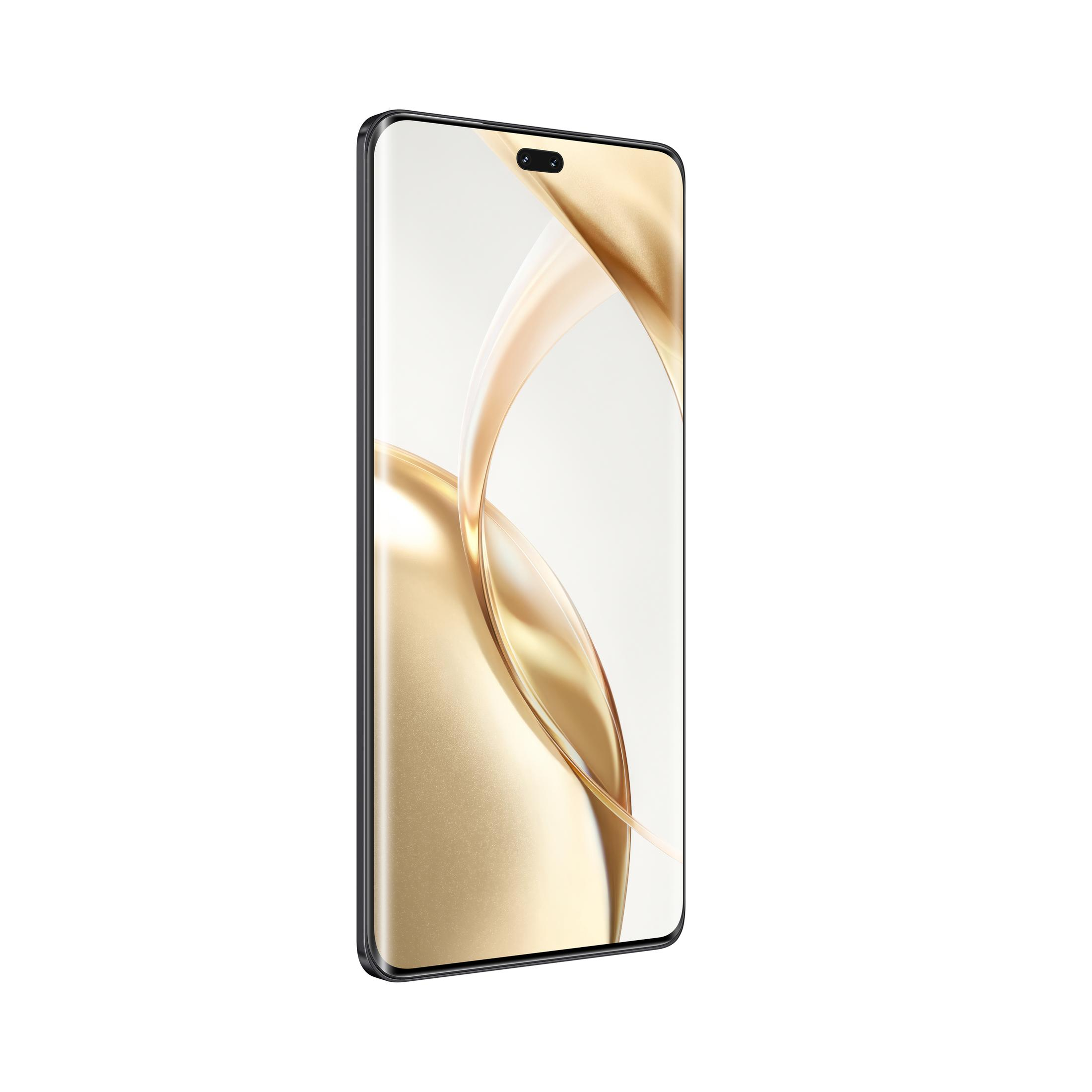 Czarny smartfon z zakrzywionym ekranem wyświetlającym złoty i biały abstrakcyjny wzór.