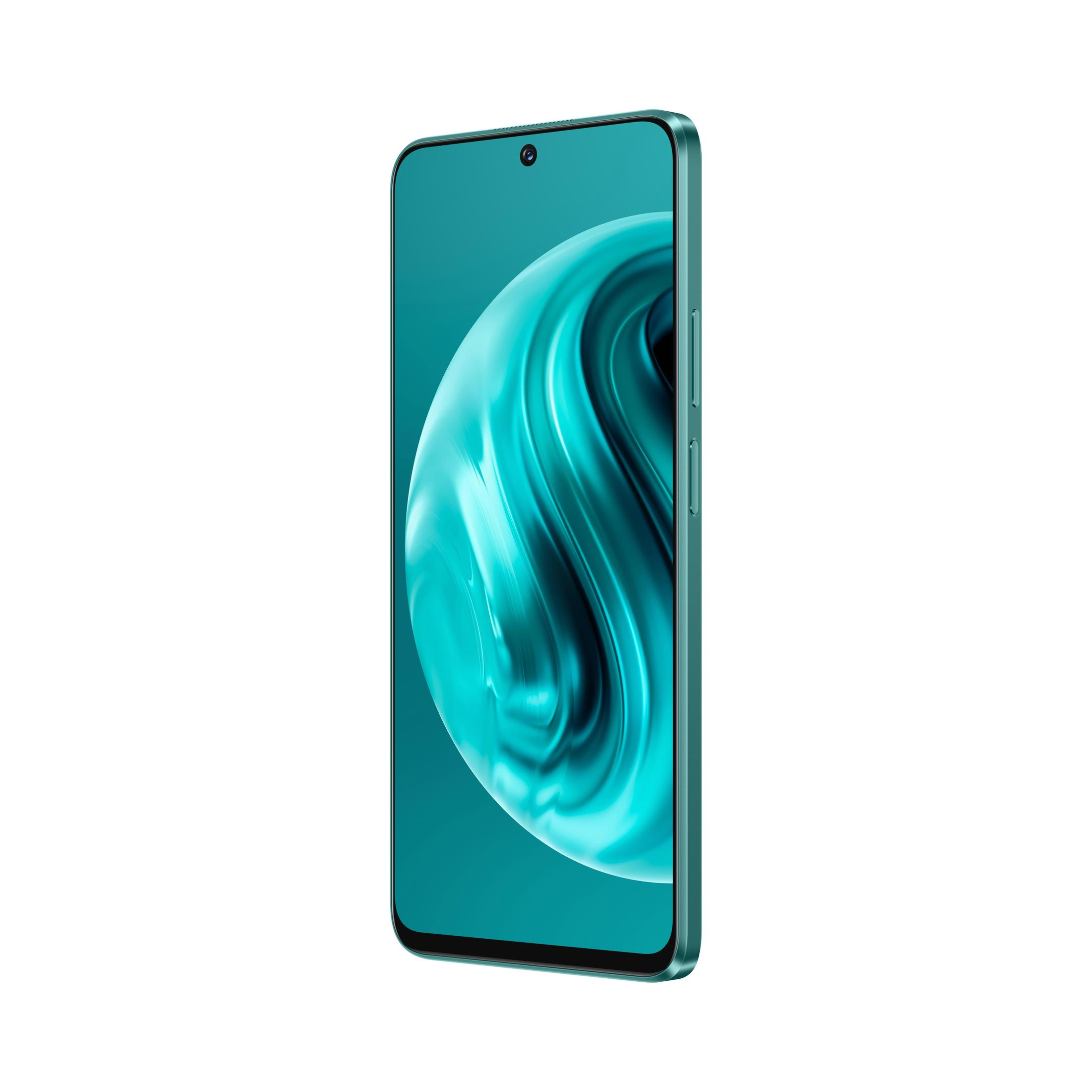 Turkusowy smartfon, widok z profilu, białe tło. Aparat u góry. Ekran pokazuje falę.