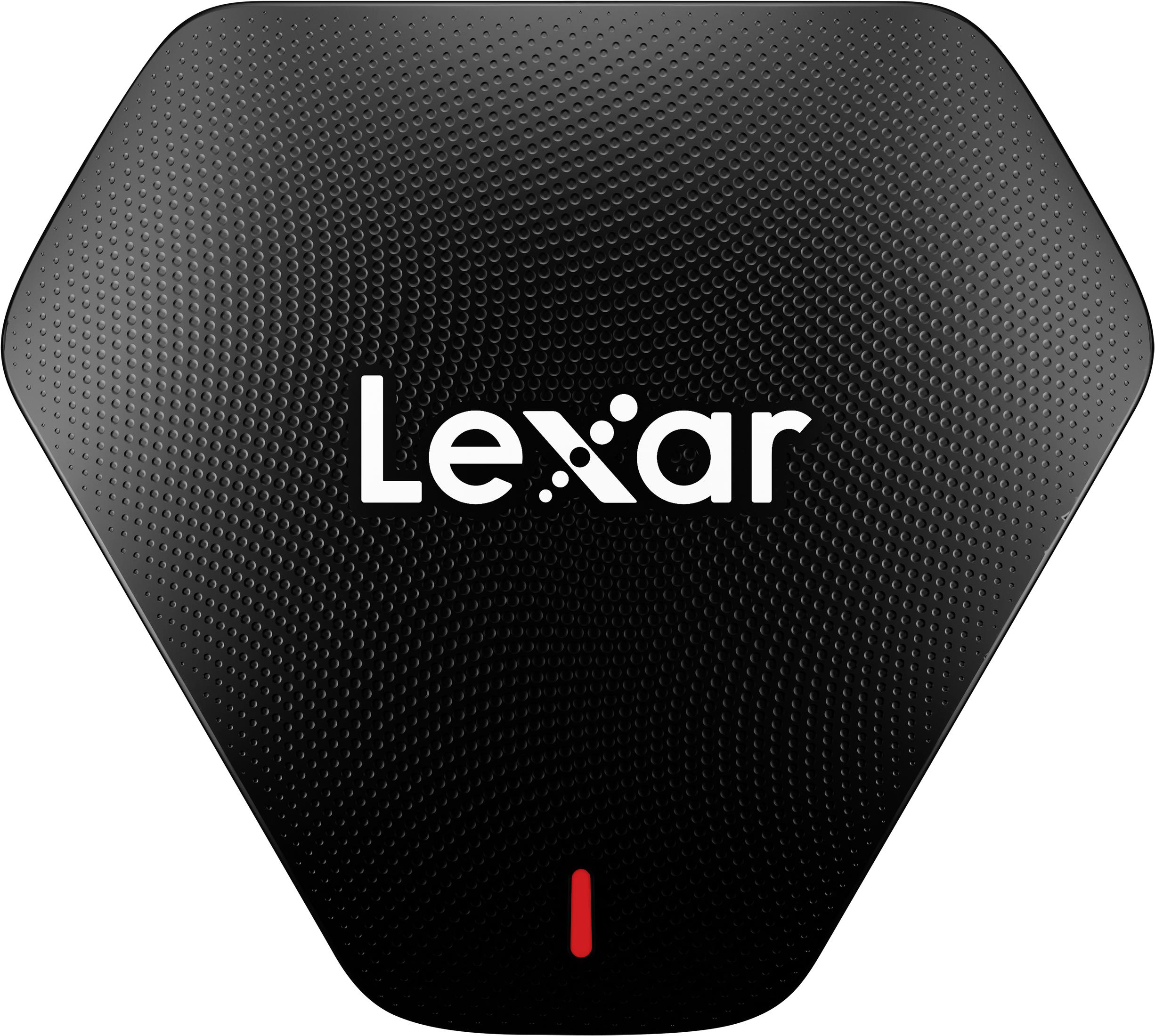 Schwarzes, sechseckiges Lexar-Produkt mit rotem Licht unten.