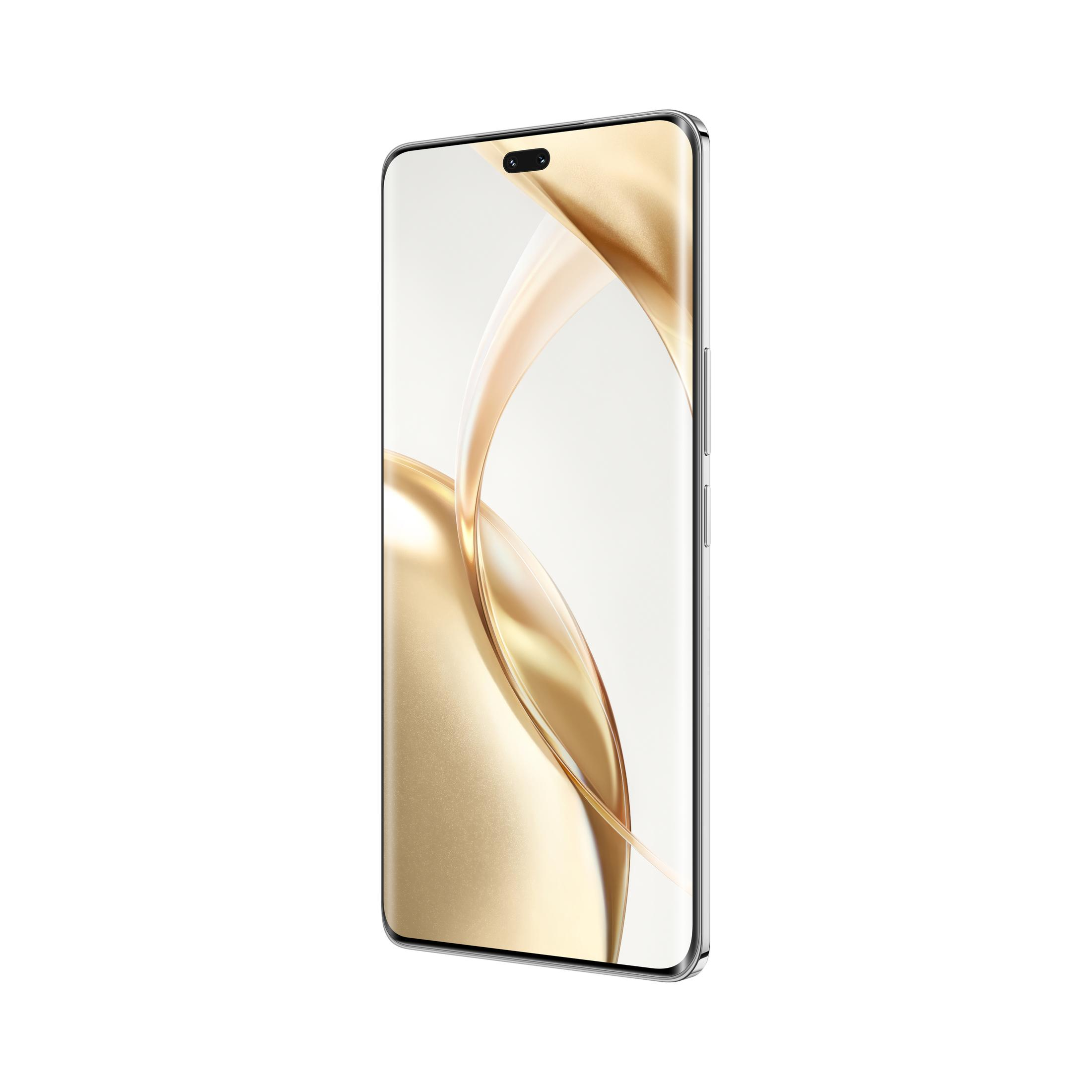 Zilveren smartphone opzij gedraaid. Display toont een gouden, artistiek, vloeistofachtig design op een witte achtergrond.