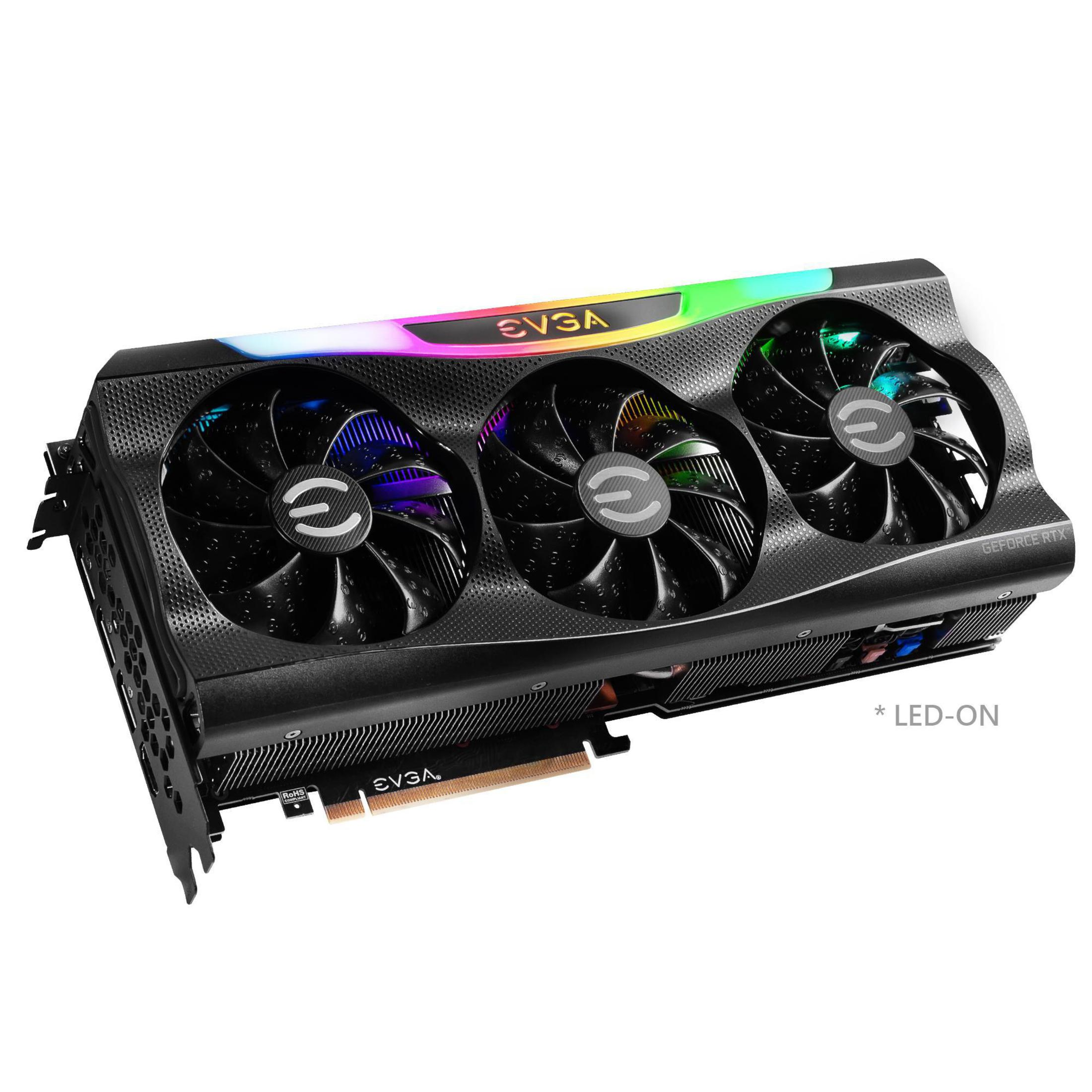 Tarjeta gráfica negra y plateada con tres ventiladores y LEDs arcoíris.