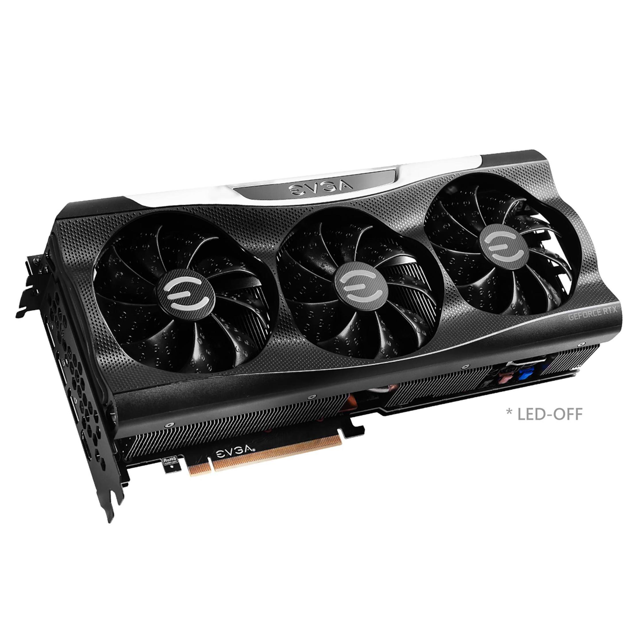 Tarjeta gráfica EVGA en blanco y negro con tres ventiladores y etiqueta LED-OFF.
