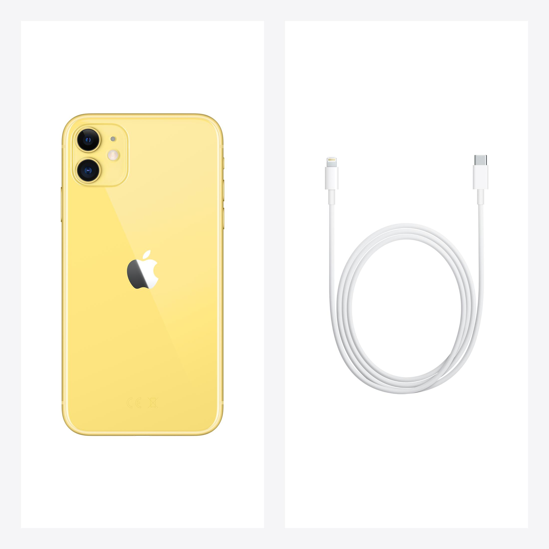 Żółty iPhone 11 i biały kabel do ładowania na białym tle.
