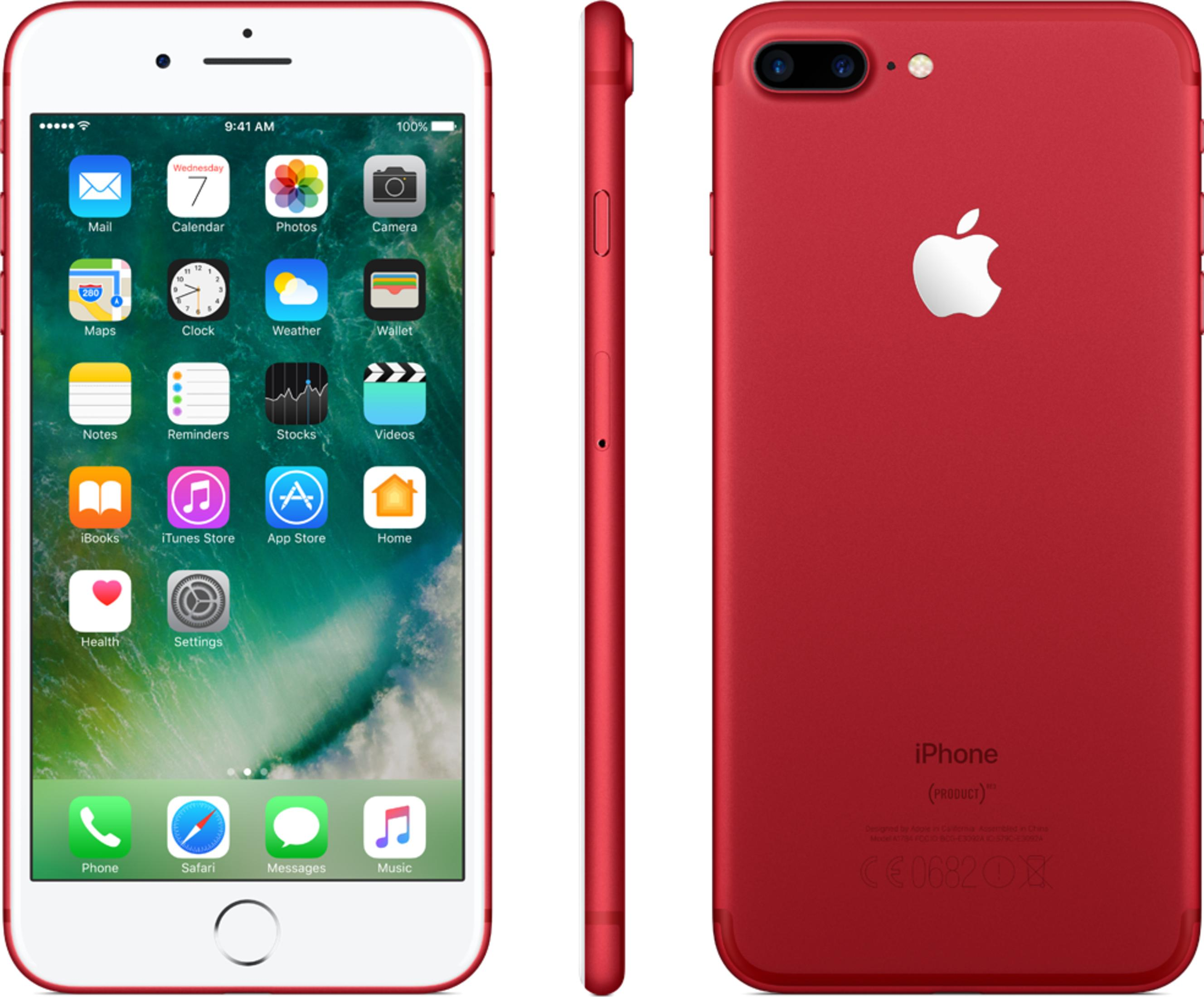 Rotes iPhone in drei Ansichten: Vorderseite mit Apps, Seitenansicht und Rückseite mit Apple-Logo.