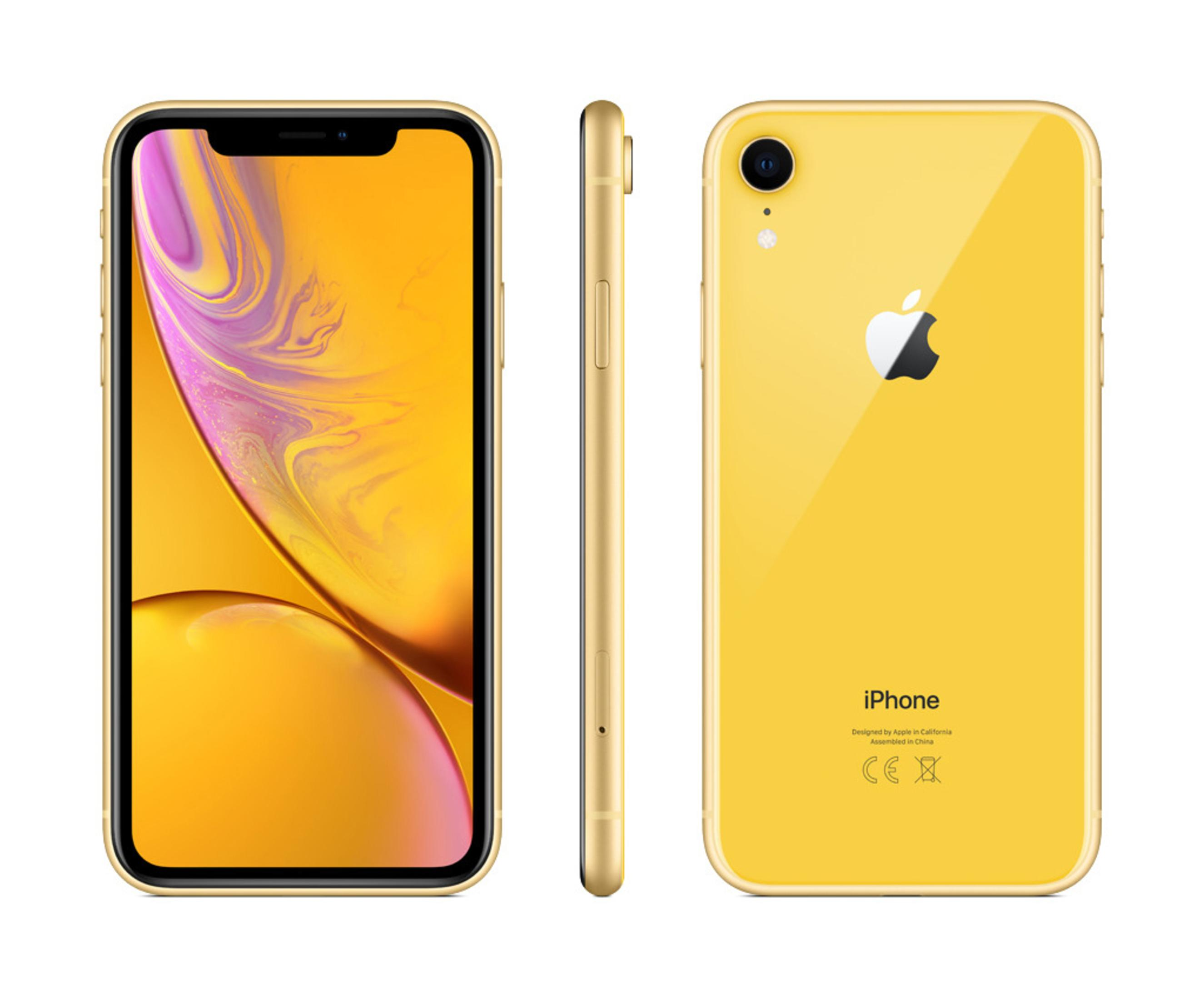 Żółty iPhone z trzema widokami. Przód, bok i tył. Białe tło.