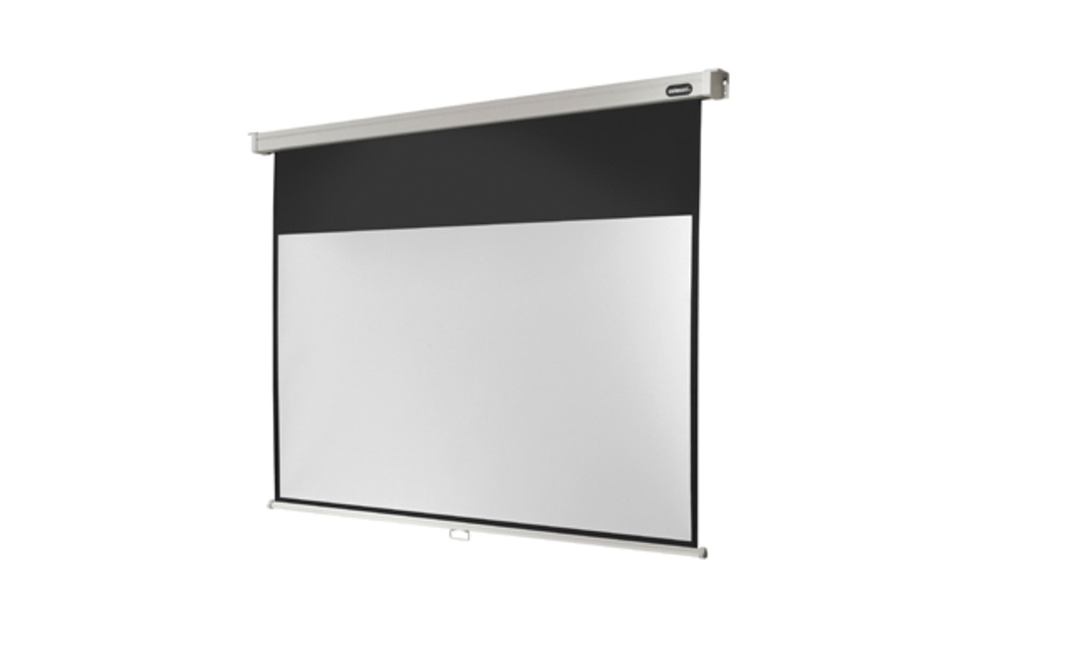 Eine Projektorleinwand. Schwarz oben, weißer Bildschirm unten, weißer Hintergrund.