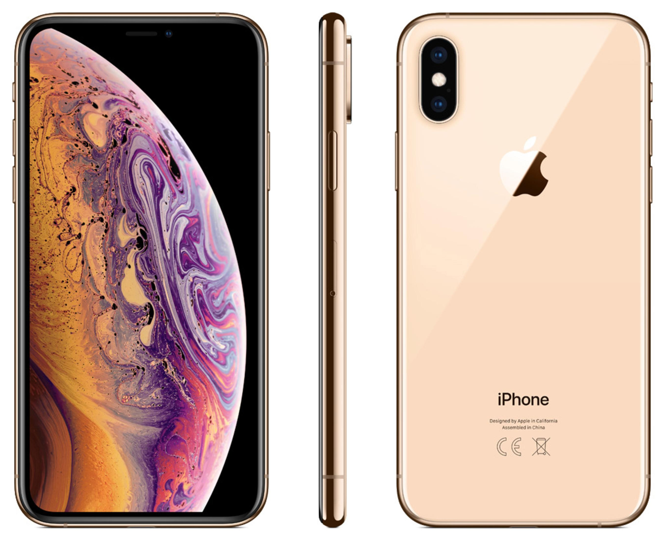 Złoty iPhone XS. Pokazuje widoki z przodu, z boku i z tyłu. Posiada aparat z dwoma obiektywami.
