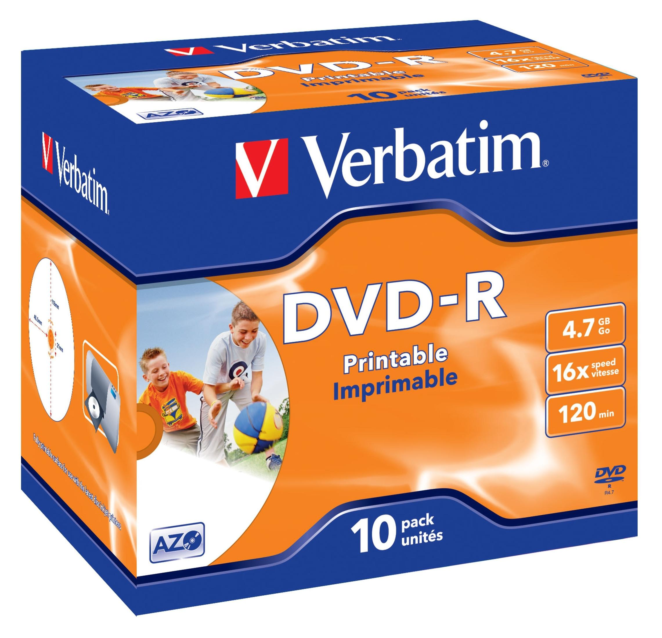 Verbatim DVD-R 10 sztuk w niebiesko-pomarańczowym pudełku. Dwoje dzieci grających piłką na pudełku.