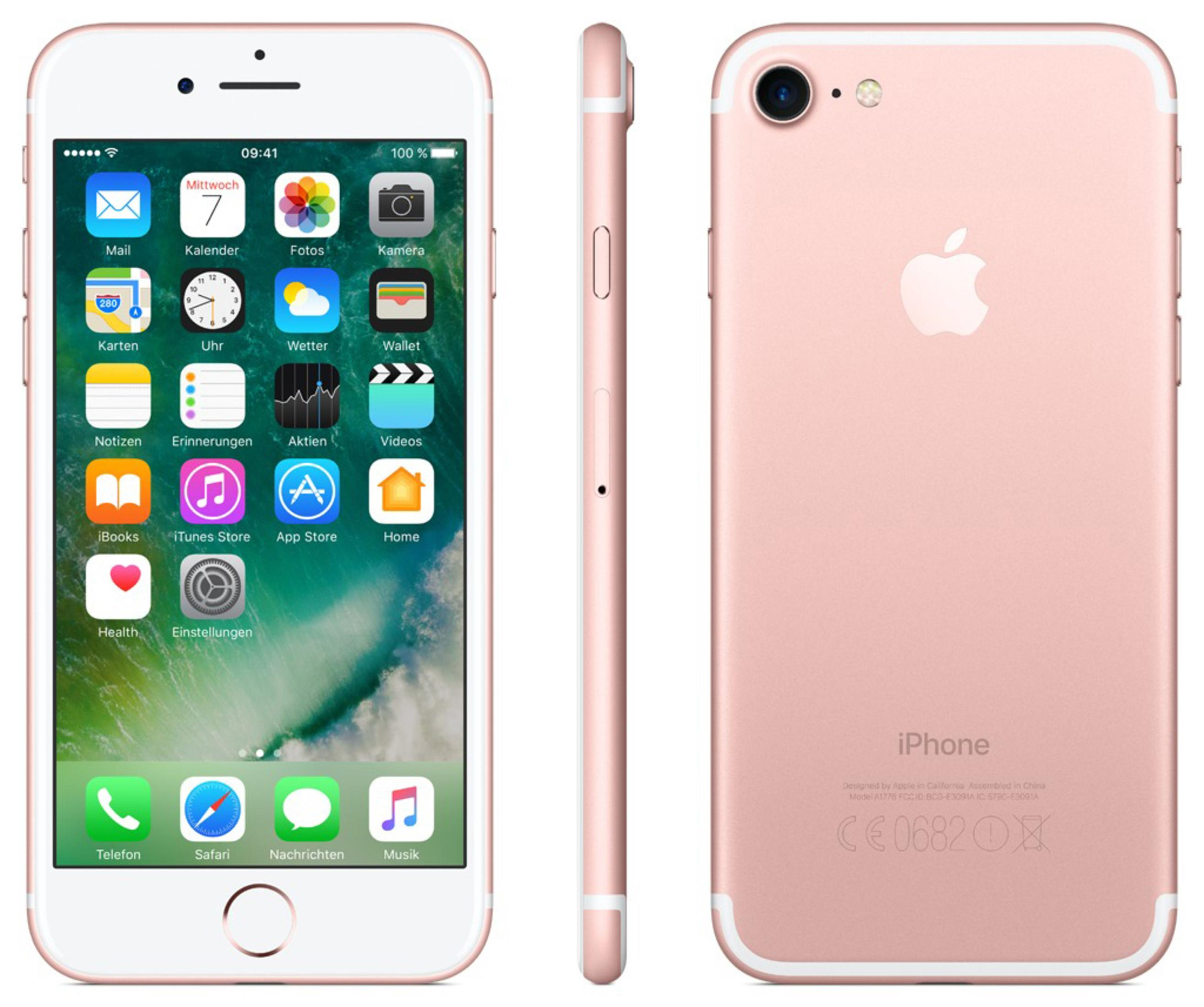 Roségoldenes iPhone, zeigt Vorder-, Seiten- und Rückansicht des Telefons.