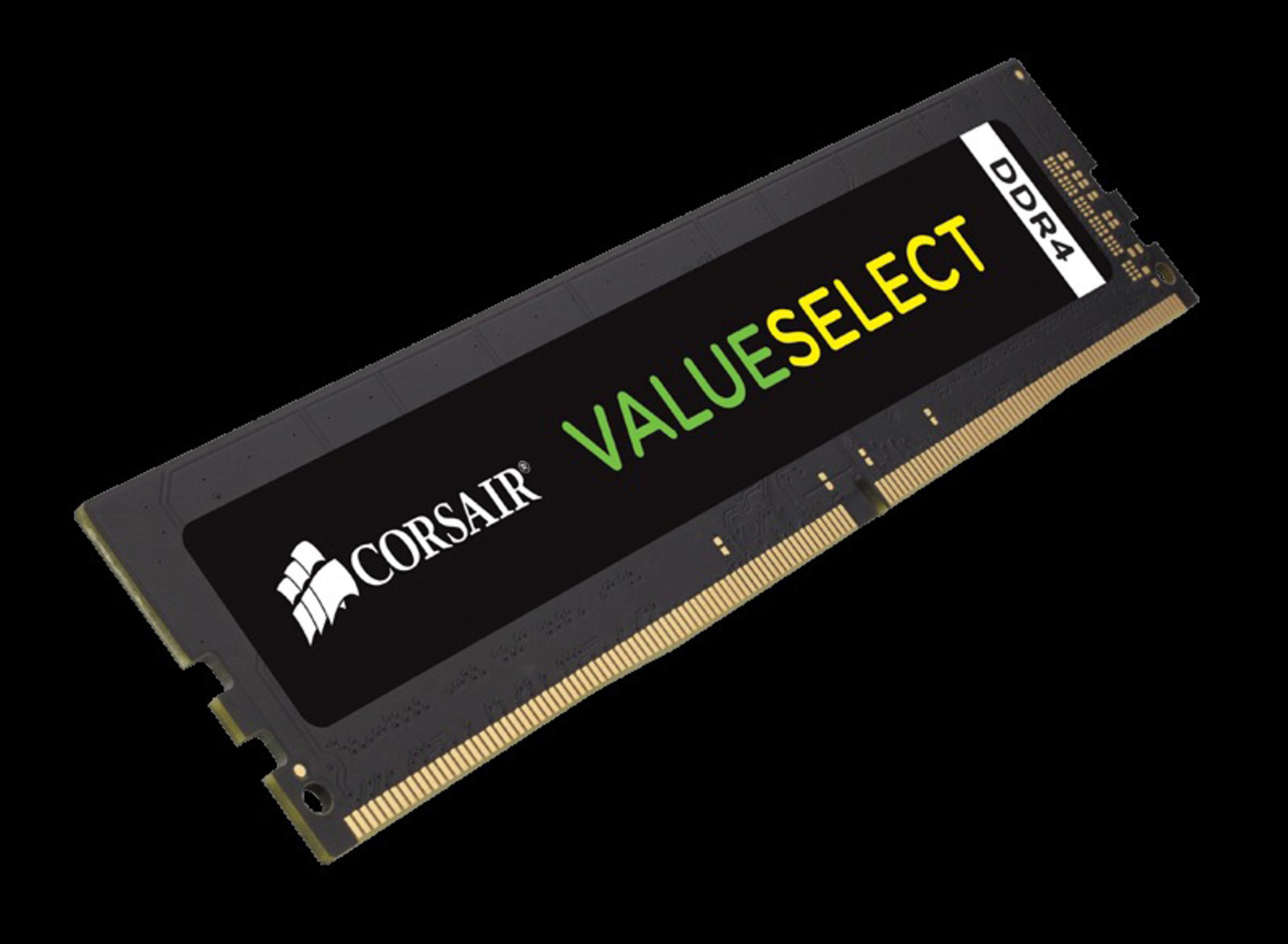 Un modulo RAM DDR4 con marchio Corsair e ValueSelect su sfondo nero.