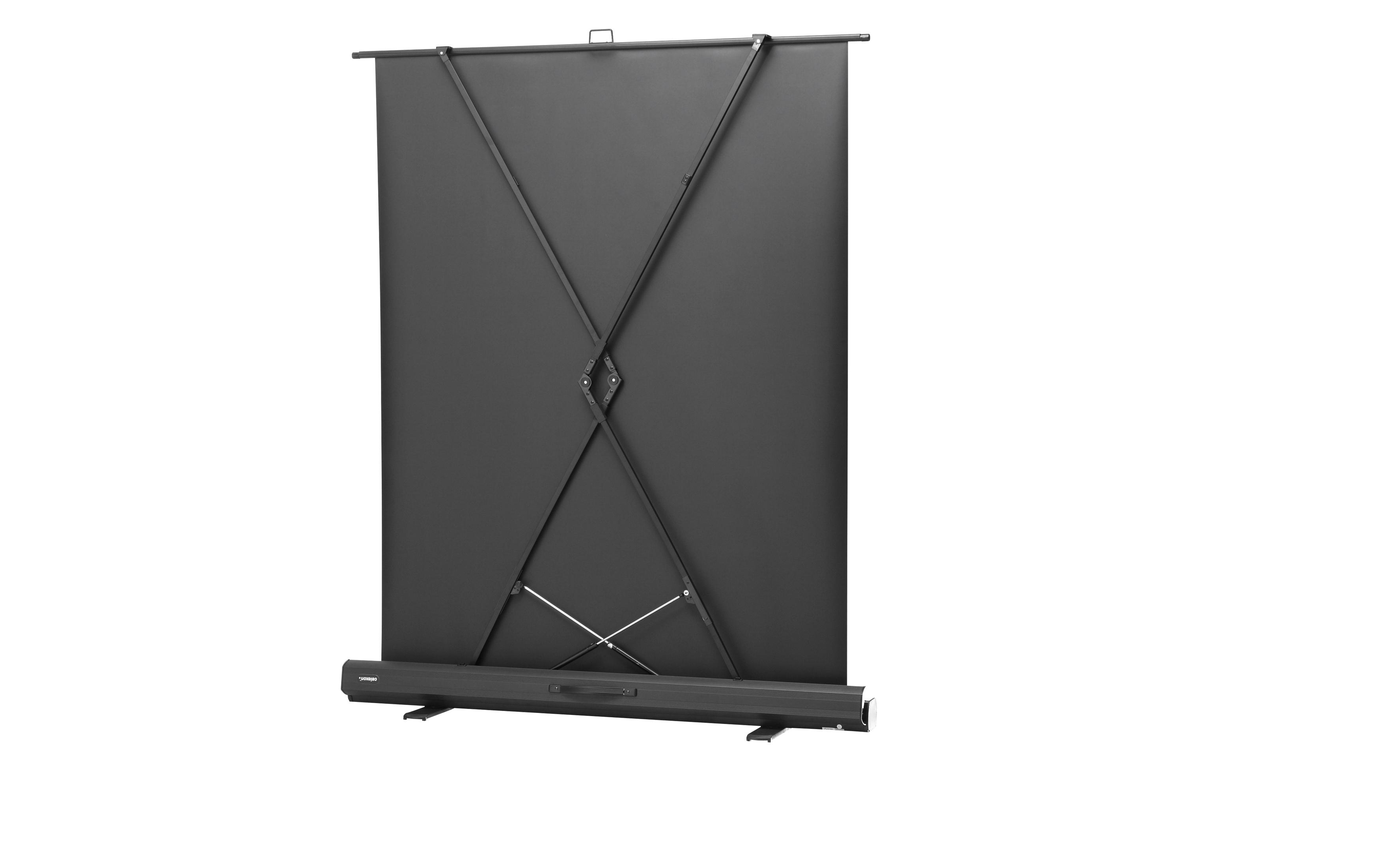 Schwarze, tragbare Projektorleinwand, aufrecht stehend, mit schwarzer Tragetasche unten.