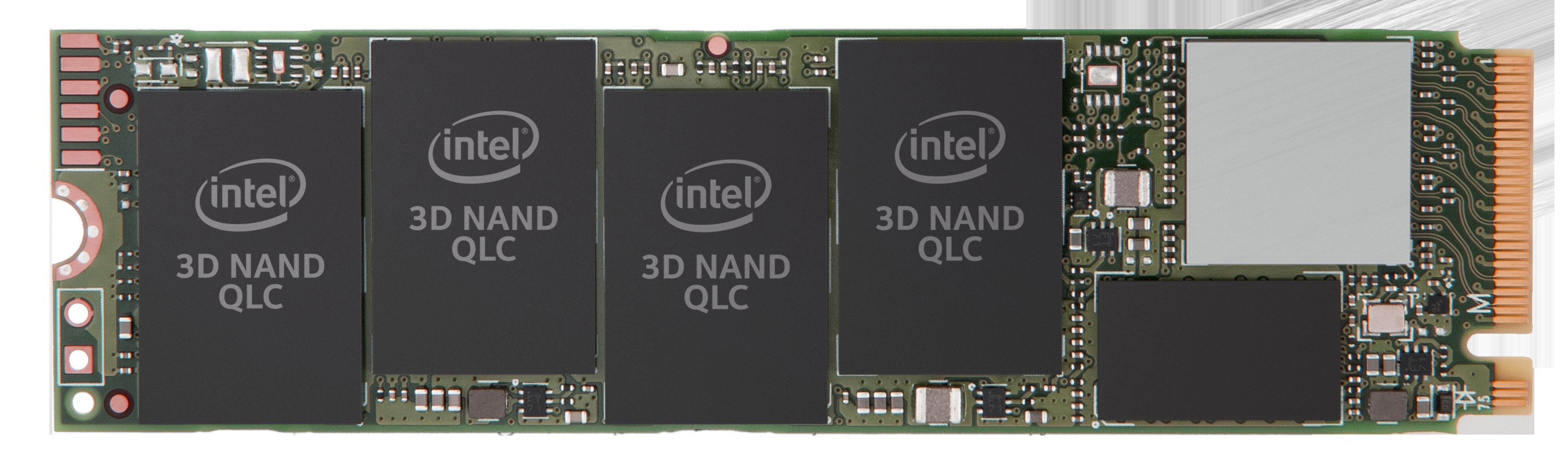 Un circuit imprimé vert avec des puces Intel et des étiquettes 3D NAND QLC.