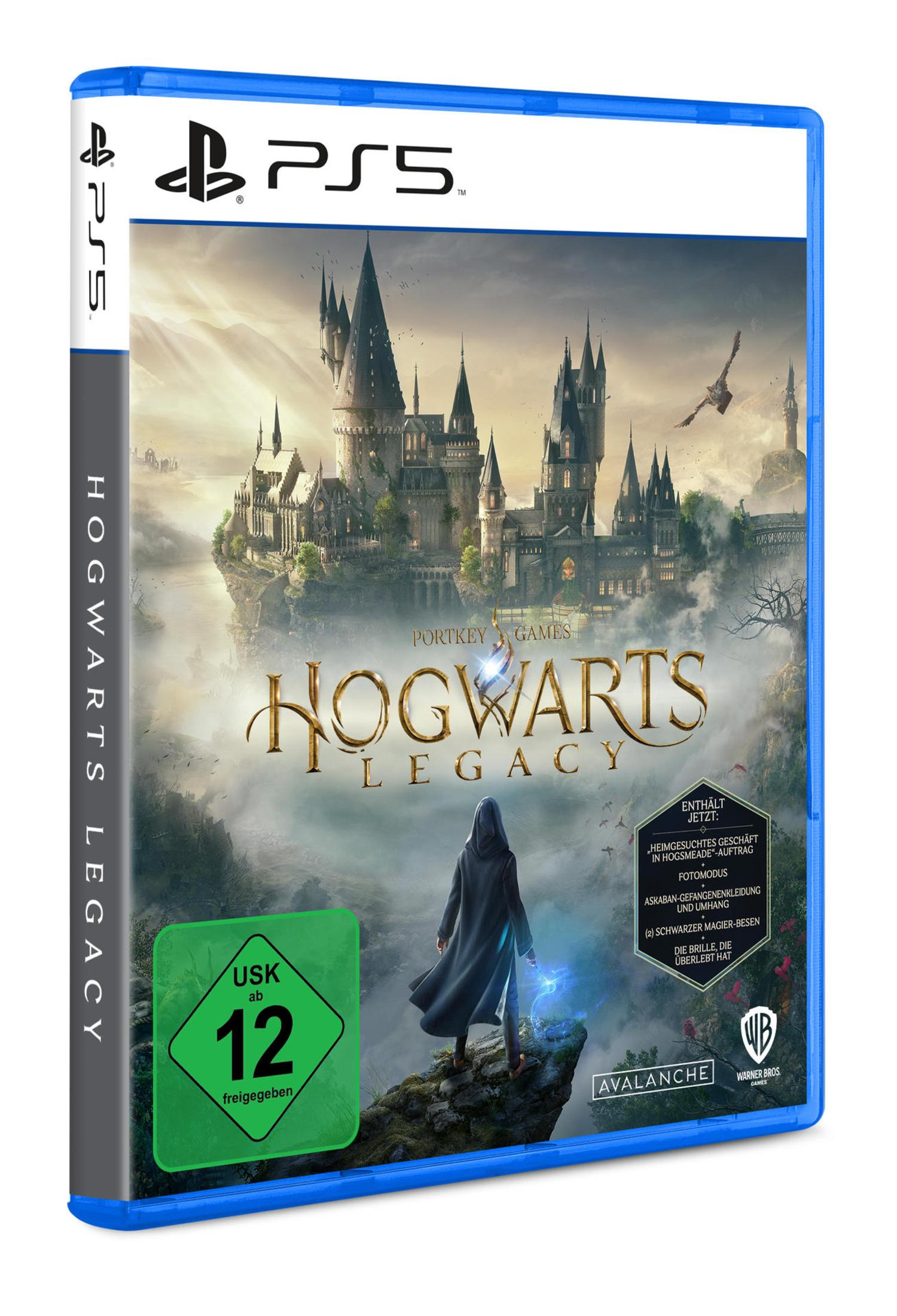 Pudełko gry PS5 Hogwarts Legacy. Osoba stoi przed zamkiem Hogwart.
