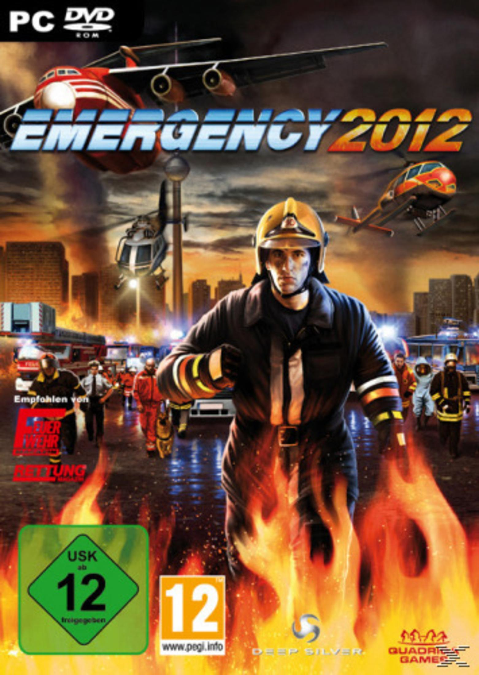 Ein Spielcover mit einem Feuerwehrmann, der auf den Betrachter zuläuft, Flammen im Vordergrund und einem Hubschrauber.