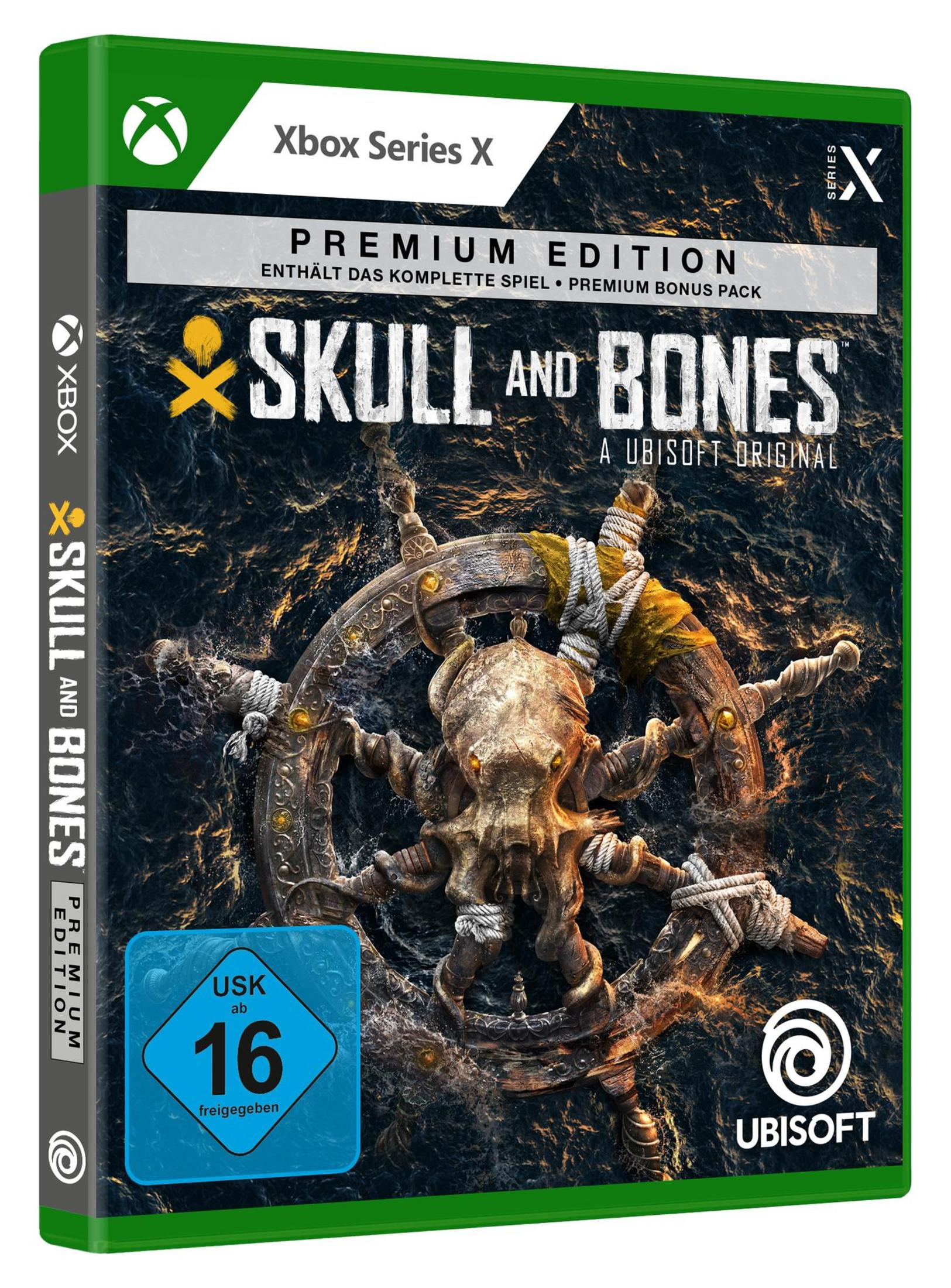 Ein Spiel-Case für Skull and Bones, mit einem Totenkopf auf einem Steuerrad auf dunklem Wasser.