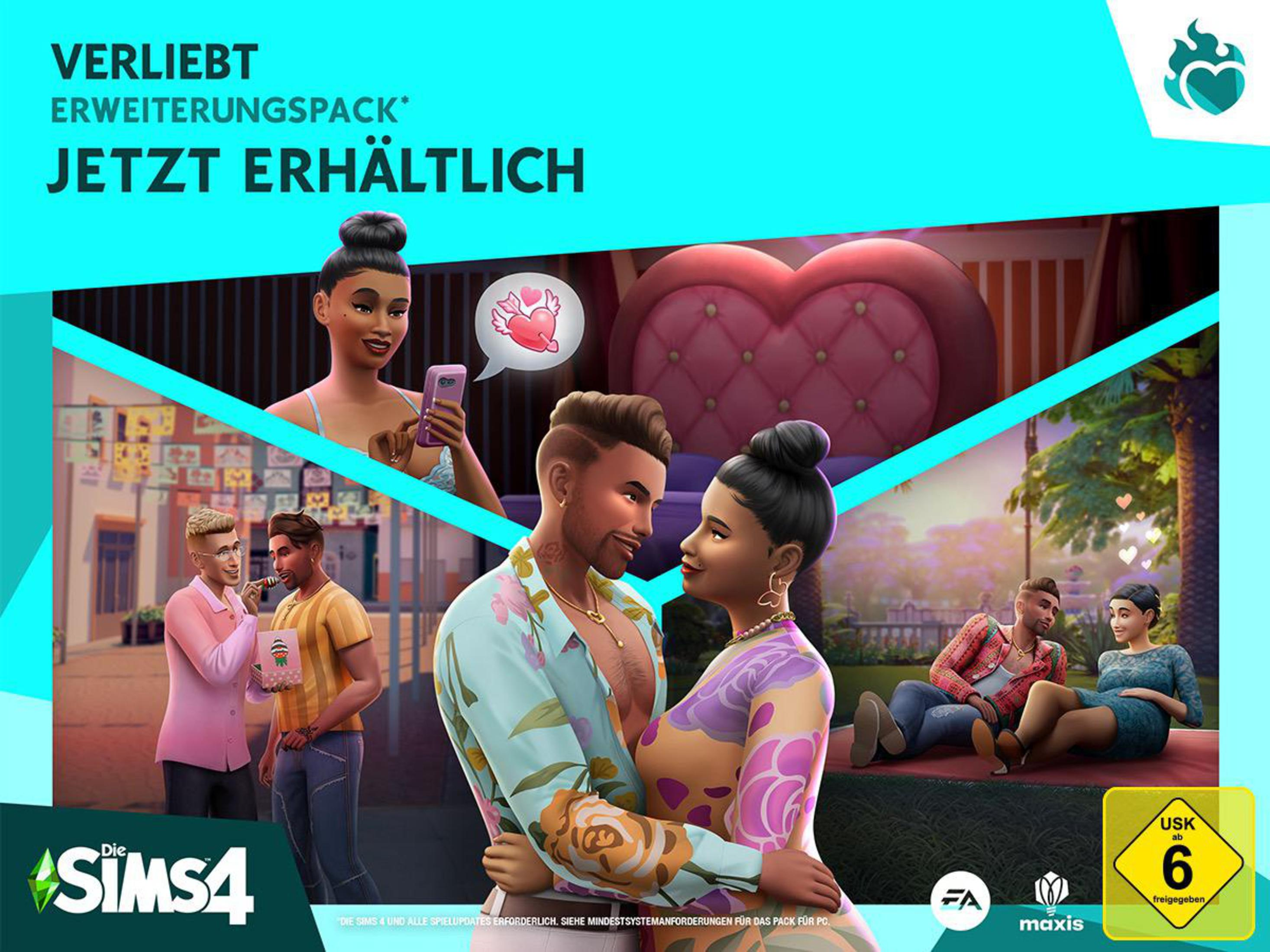 Das Sims 4 Spielcover mit Charakteren, einem Herzlogo und Text.