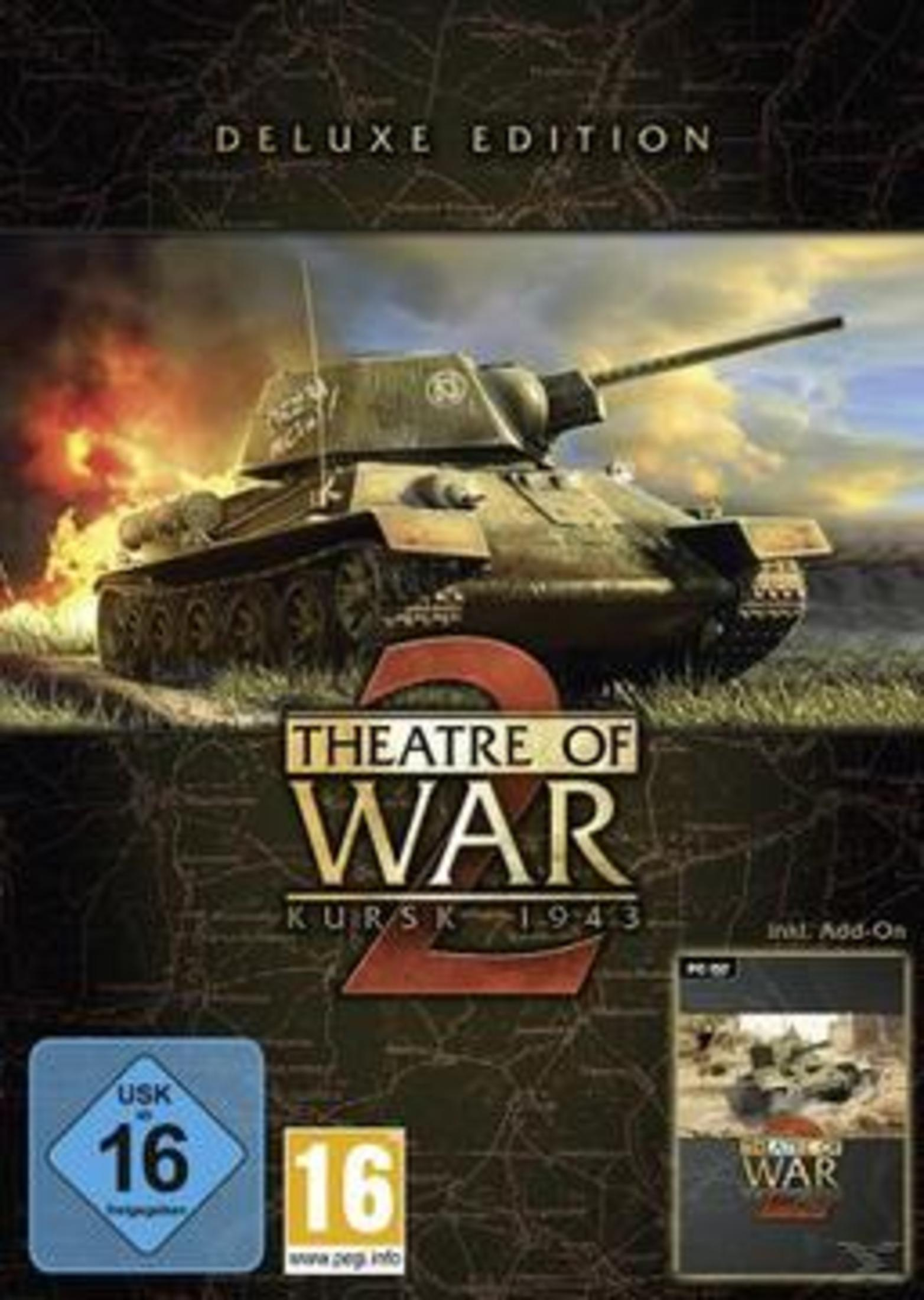 Deluxe Edition Spielbox-Art für Theatre of War 2, mit einem Panzer auf einem Schlachtfeld.