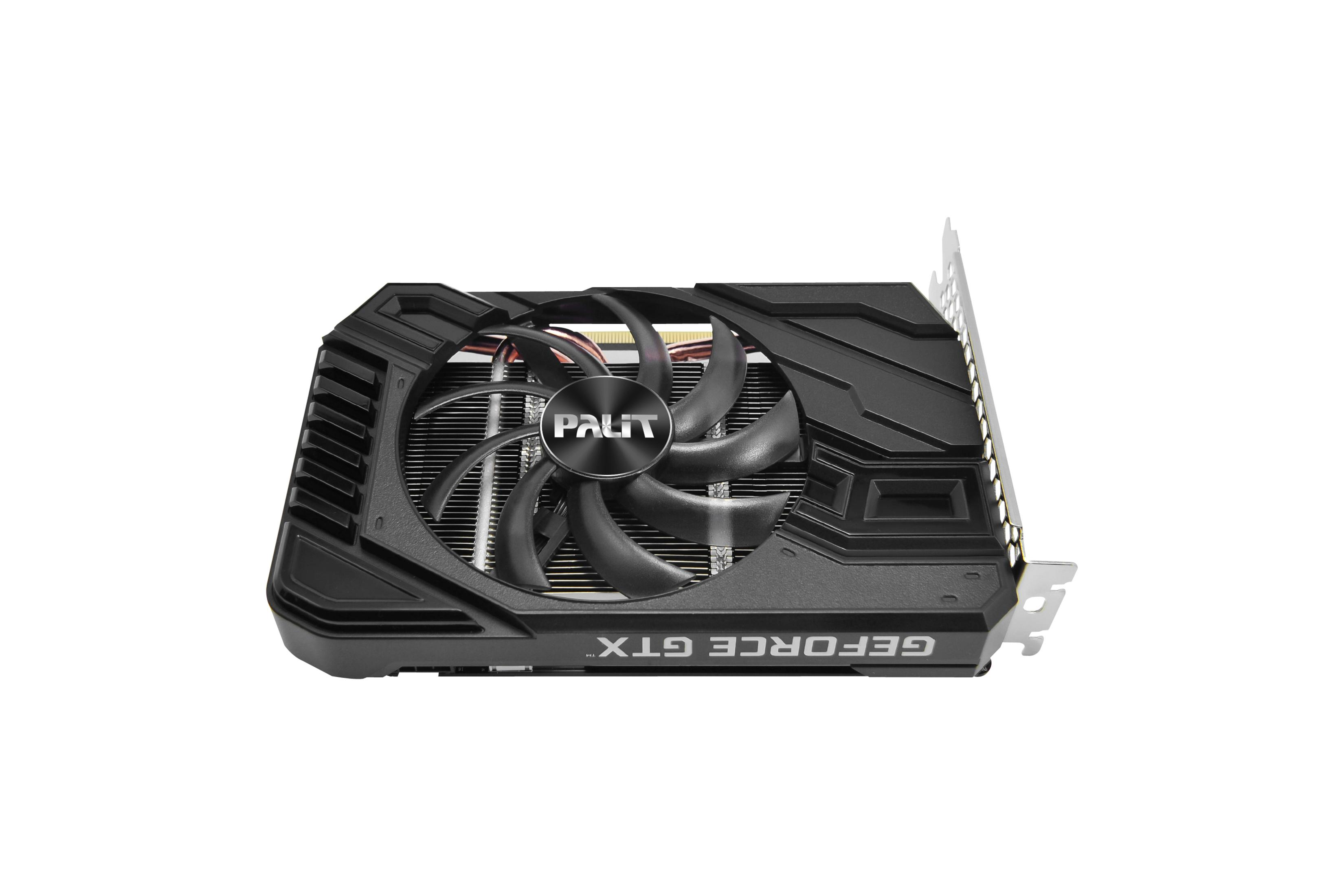 Schwarze Grafikkarte mit Lüfter, 'PALIT' Logo, GeForce GTX Text. Weißer Hintergrund.