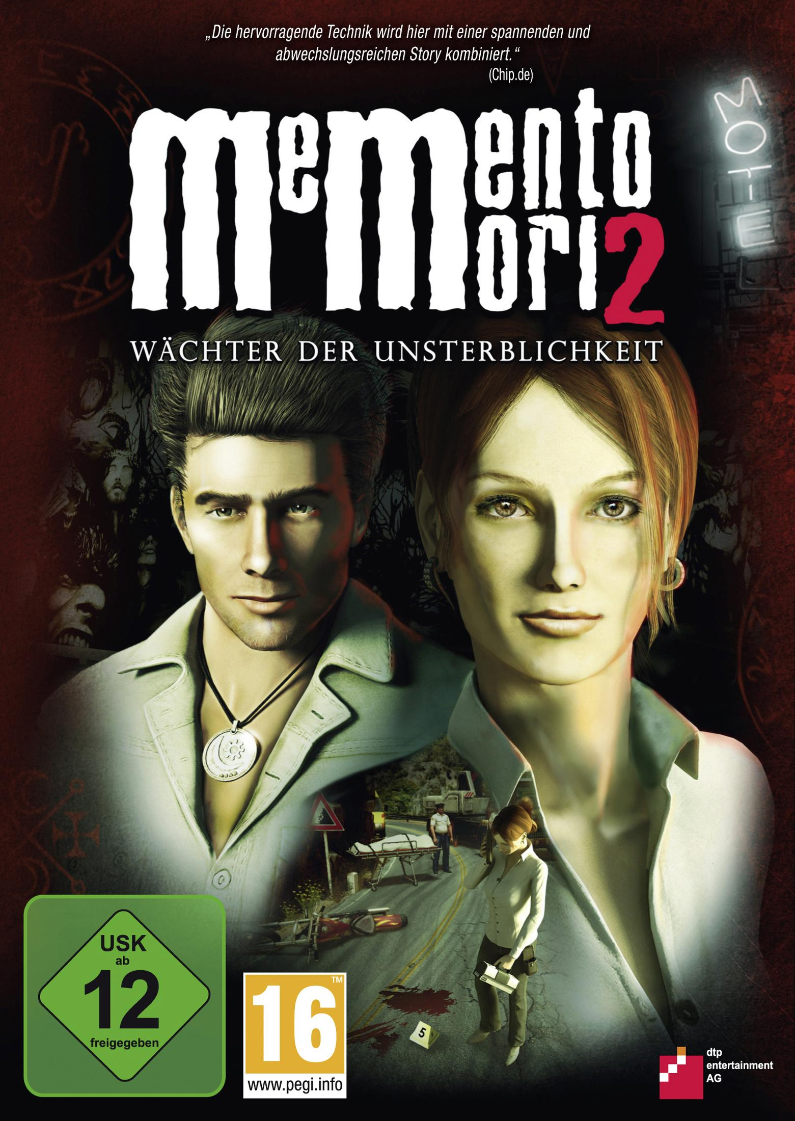 Memento Mori 2 Spielcover. Zwei Charaktere vor rotem Hintergrund.