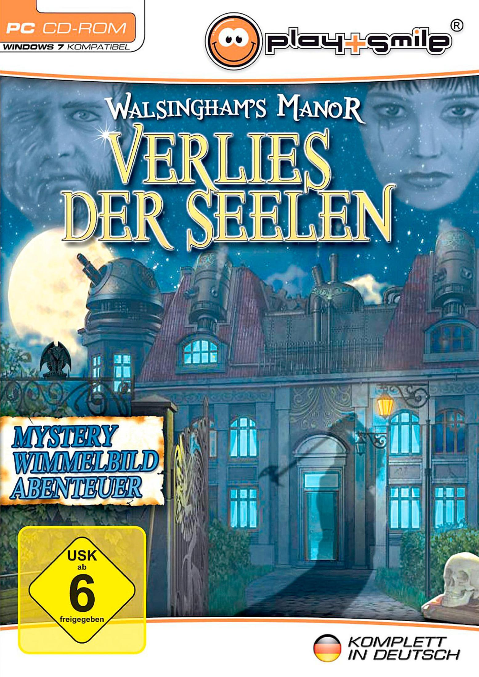 Walsingham's Manor Spielbox mit einem gruseligen Hausbild. Spieltitel auf Deutsch.