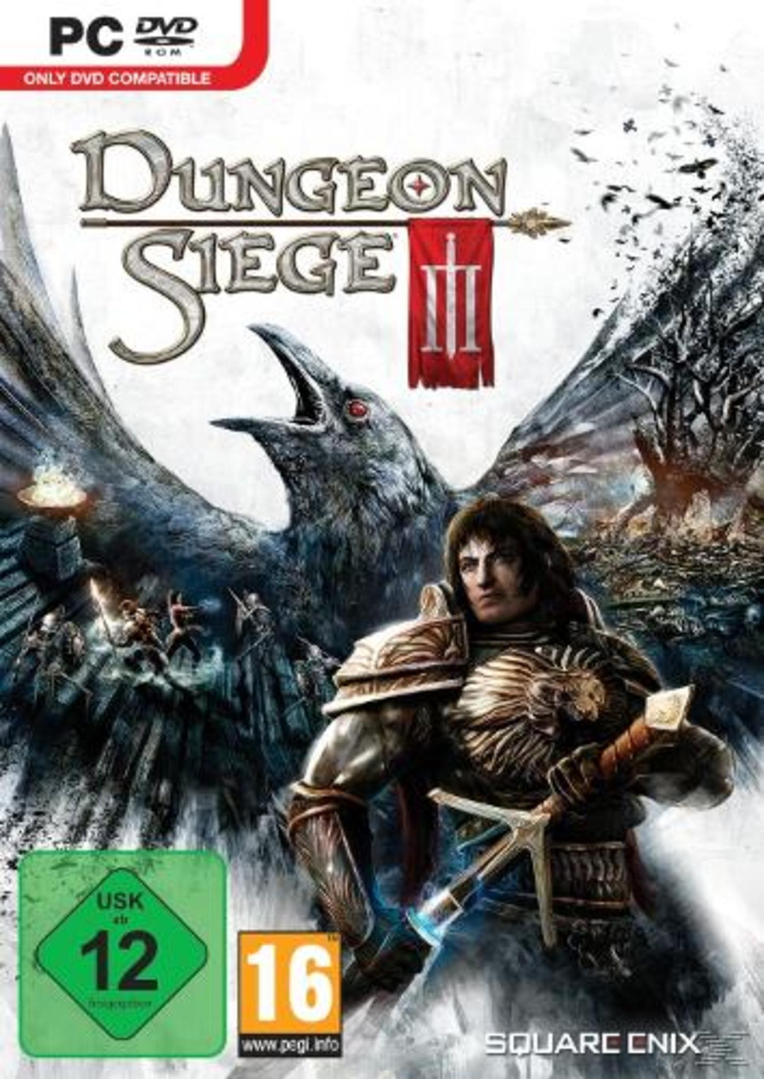 Ein Spielcover für Dungeon Siege III, mit einem Krieger mit Schwert und einem Raben.