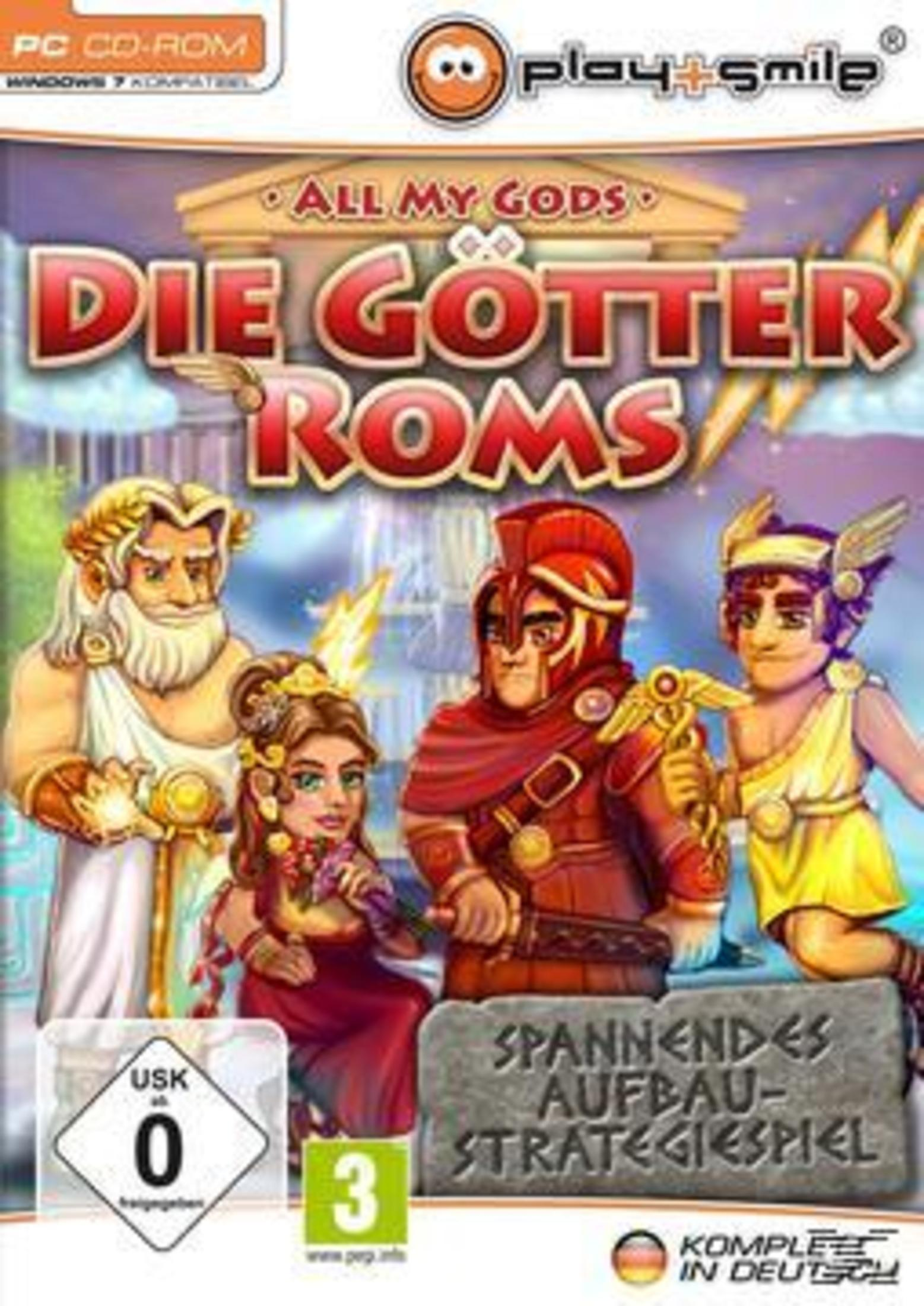 Spielbox für 'All My Gods Die Götter Roms'. Charaktere sind abgebildet. Bunter Hintergrund.