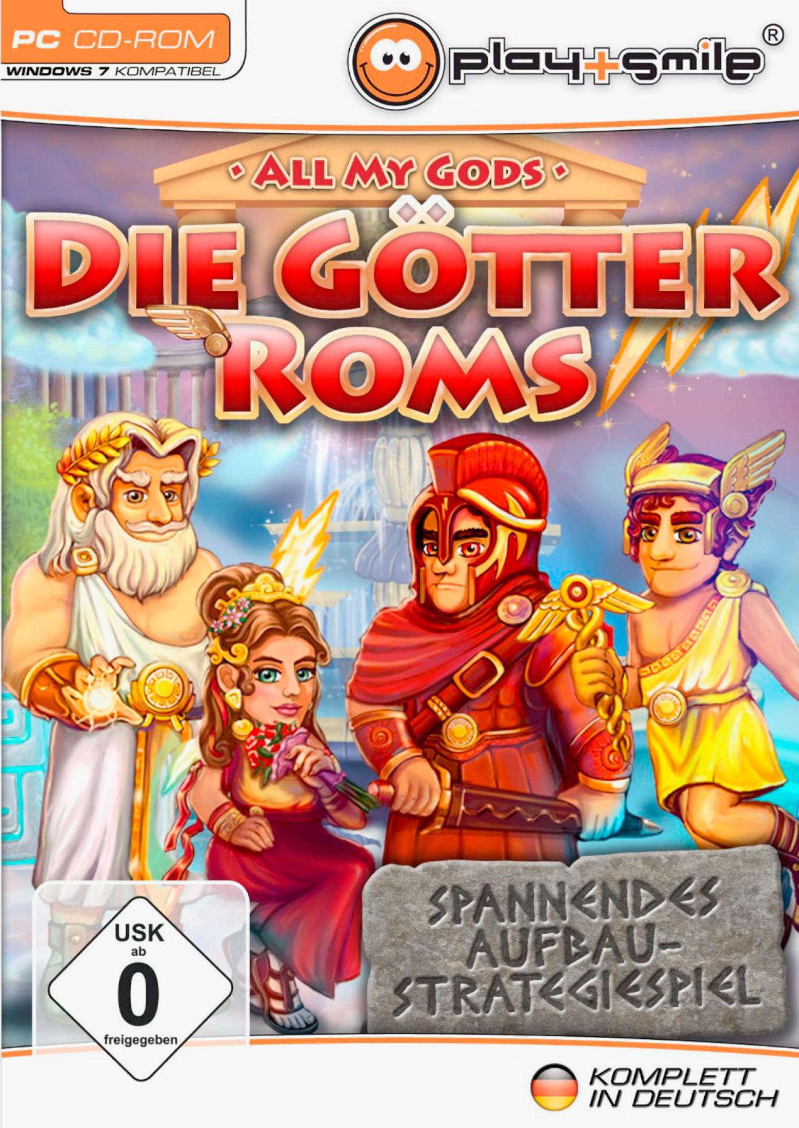 Ein Spielkarton zeigt römische Götter mit Gold- und Rotfarben, Text auf Deutsch.