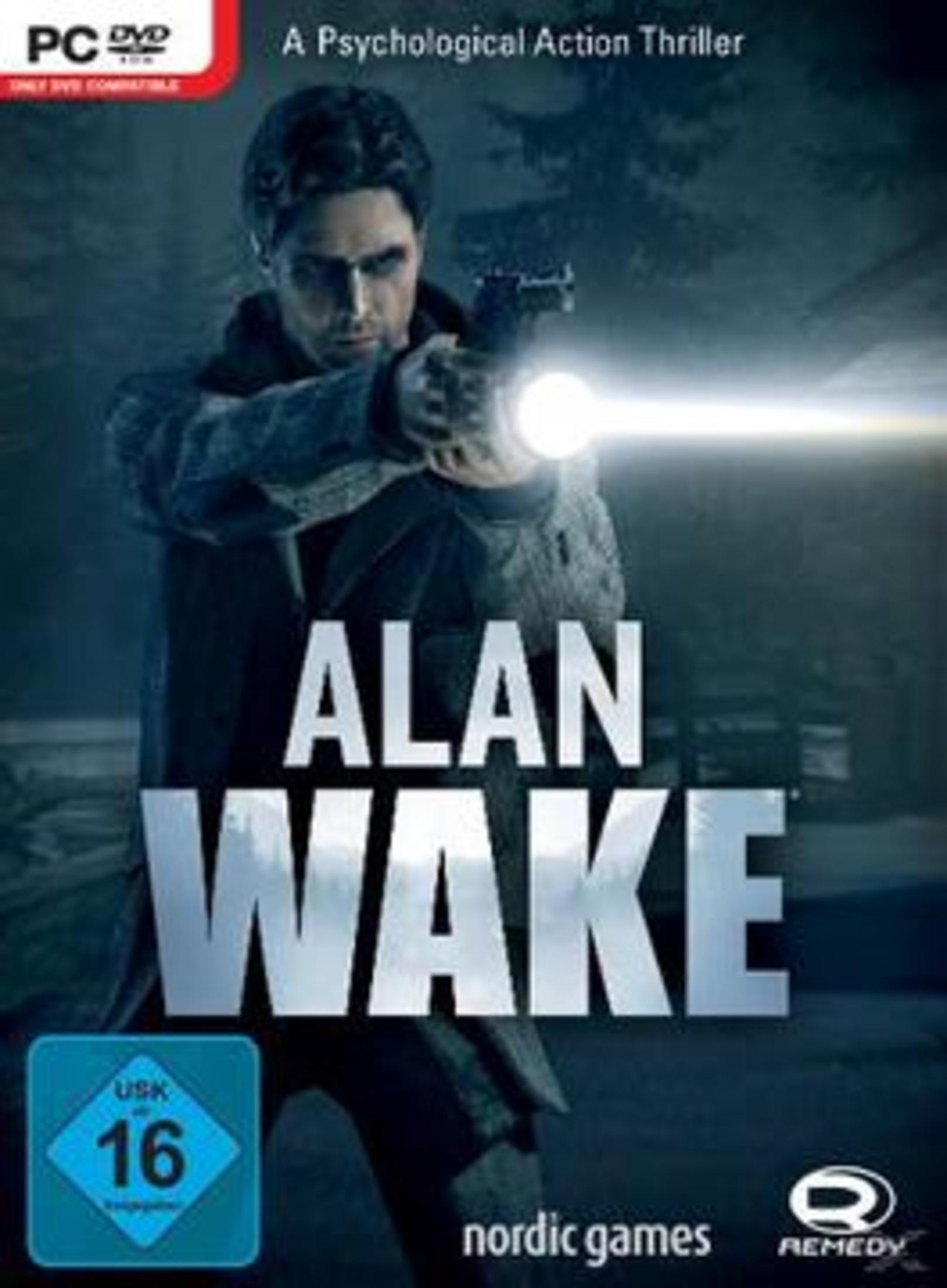 Spielcover, ALAN WAKE Titel, Mann mit Waffe, Waldhintergrund, USK 16.