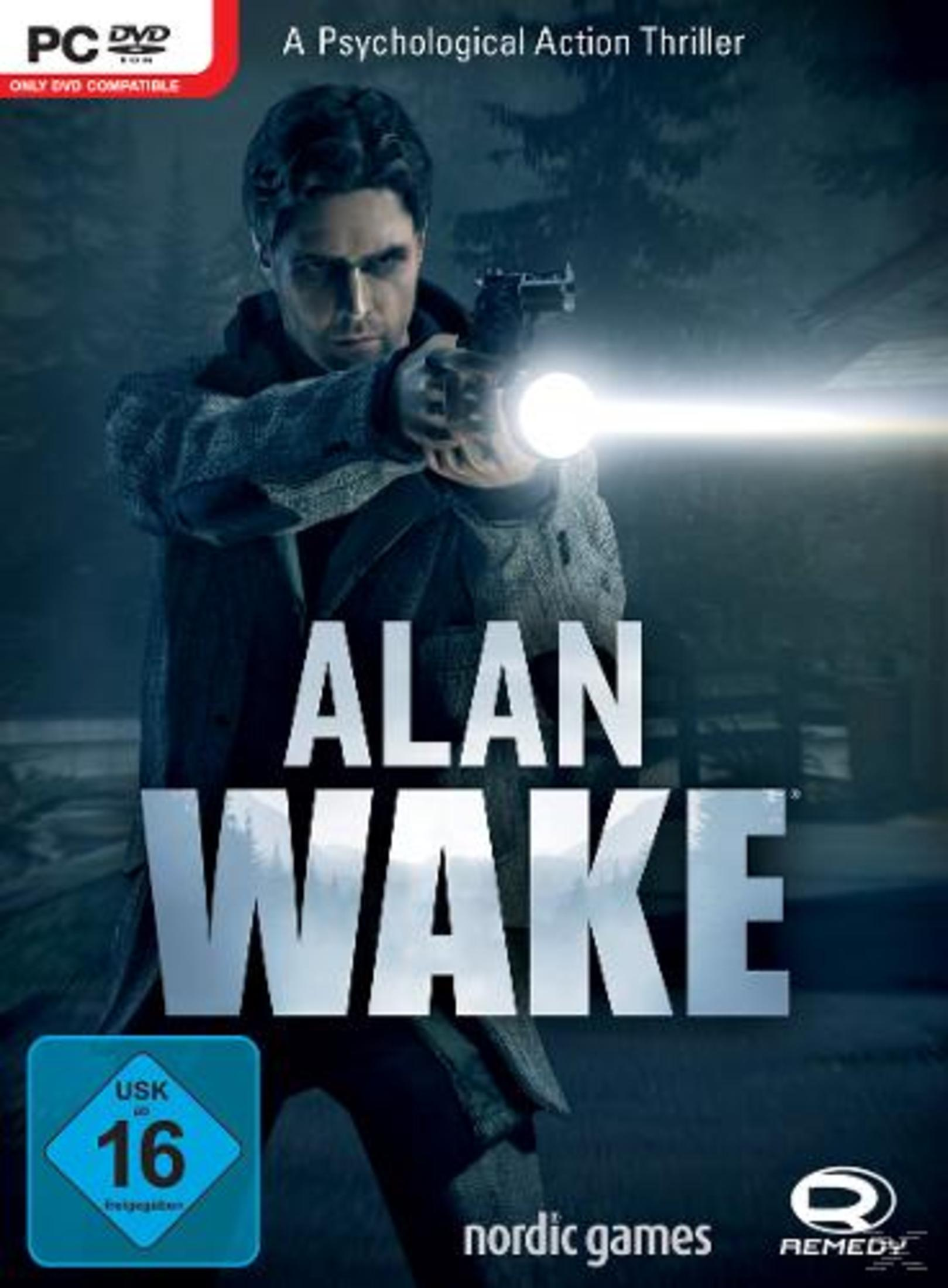 Das Cover des Videospiels Alan Wake, ein Mann mit einer Waffe vor einem Wald.