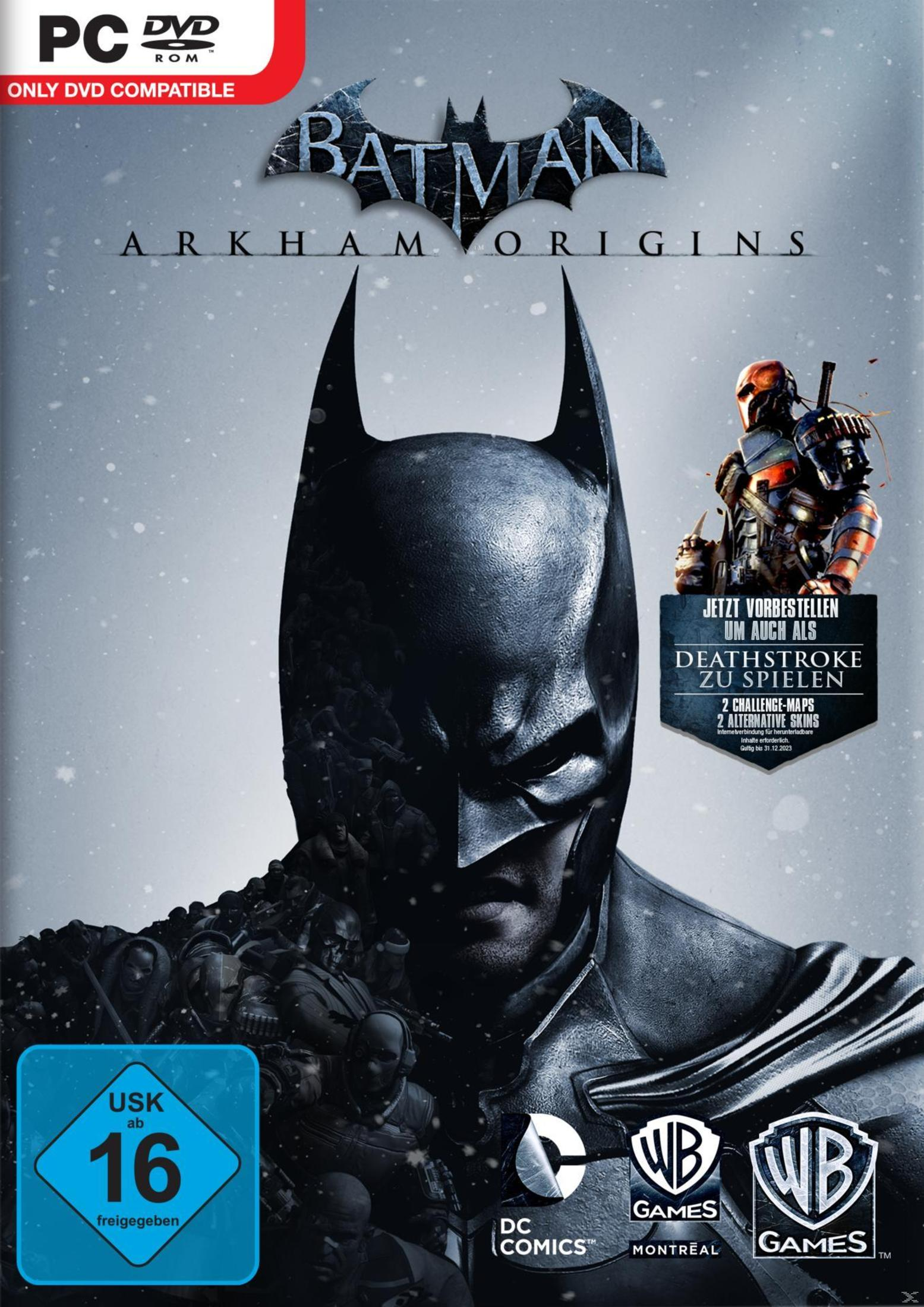 Batman Arkham Origins Spiel-Cover. Batman steht im Mittelpunkt, mit einem detaillierten Bild.