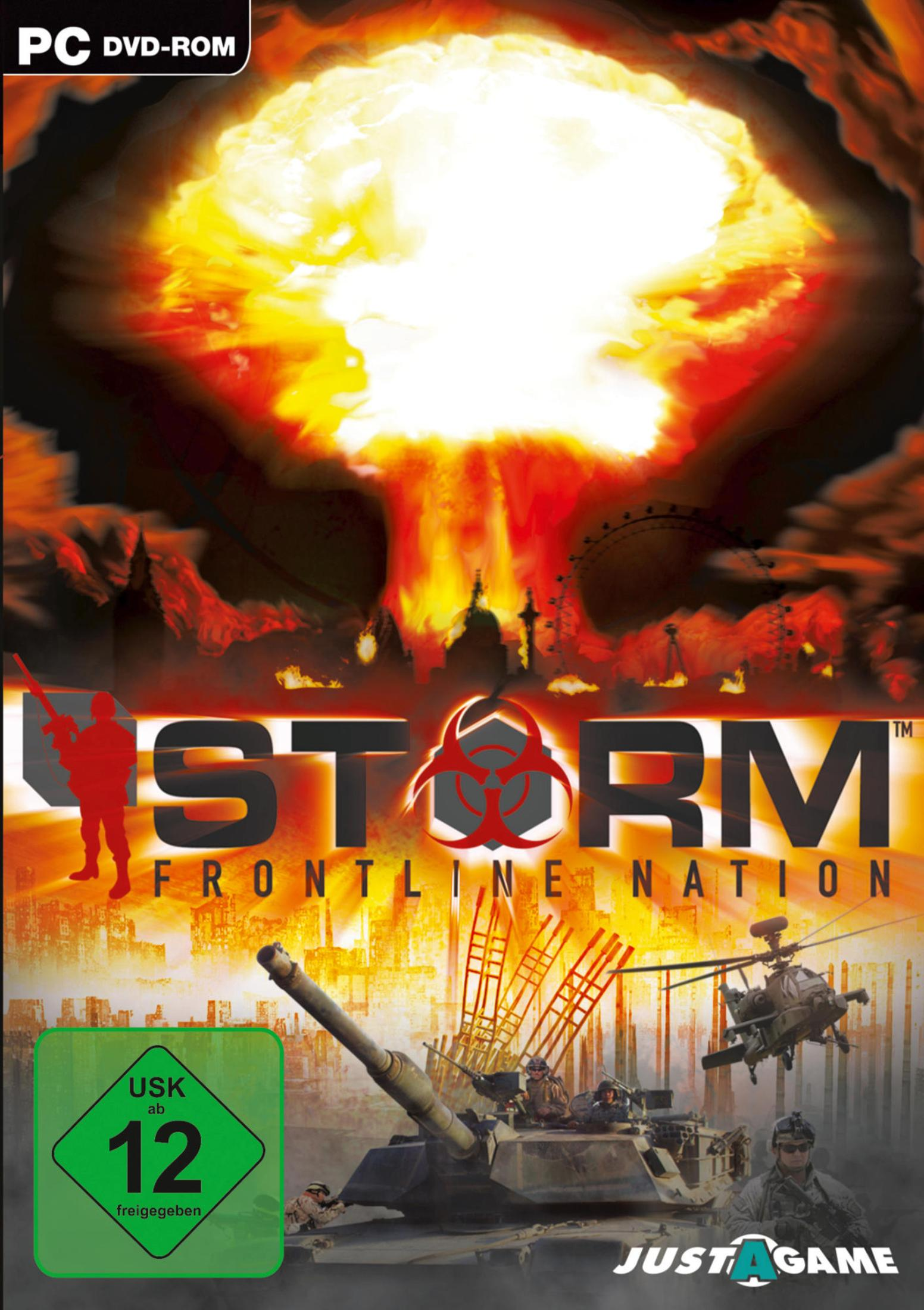 Spieledesign. Explosion, Panzer, Hubschrauber, Soldaten und der Text 'STORM FRONTLINE NATION'.