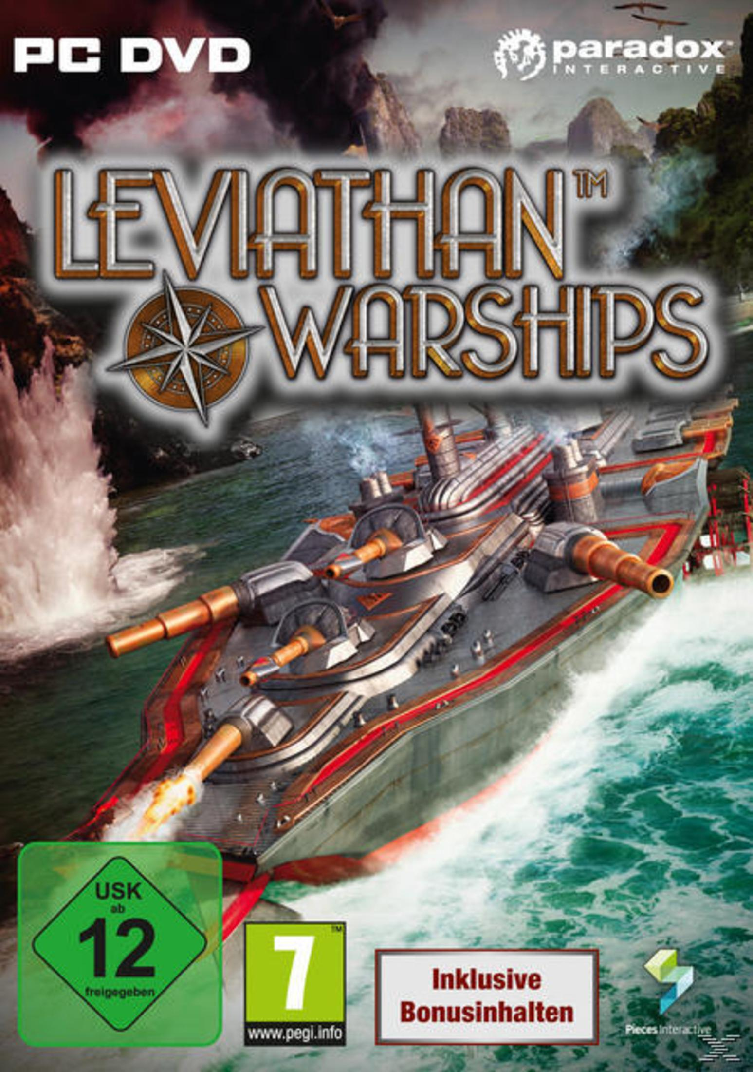 Spielcover: 'Leviathan Warships'. Schiff im Wasser, Explosionen. Text und Logos sichtbar.