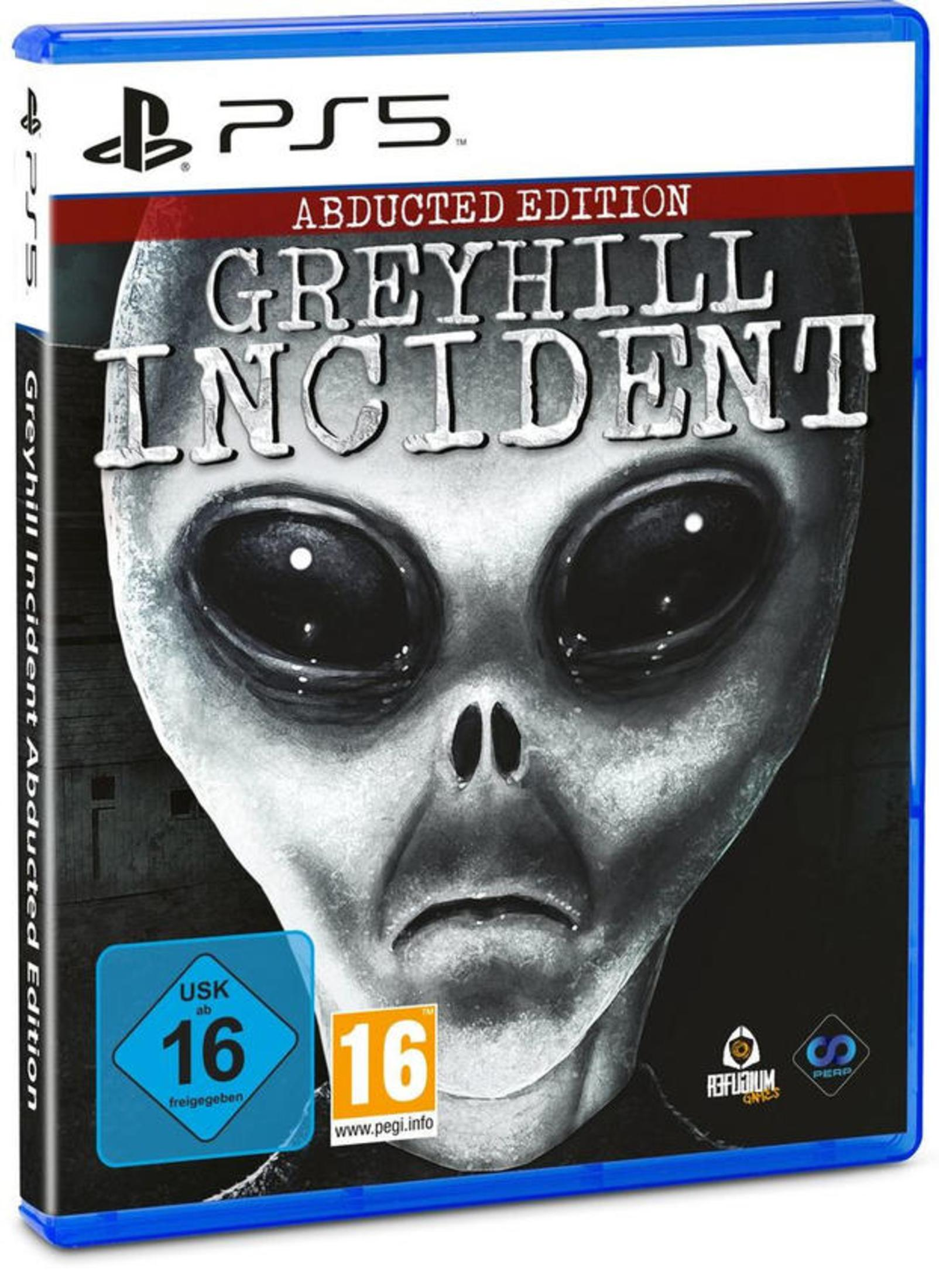 PS5-Spielbox: Greyhill Incident, mit Alien-Gesicht, Warnhinweisen und Logo.