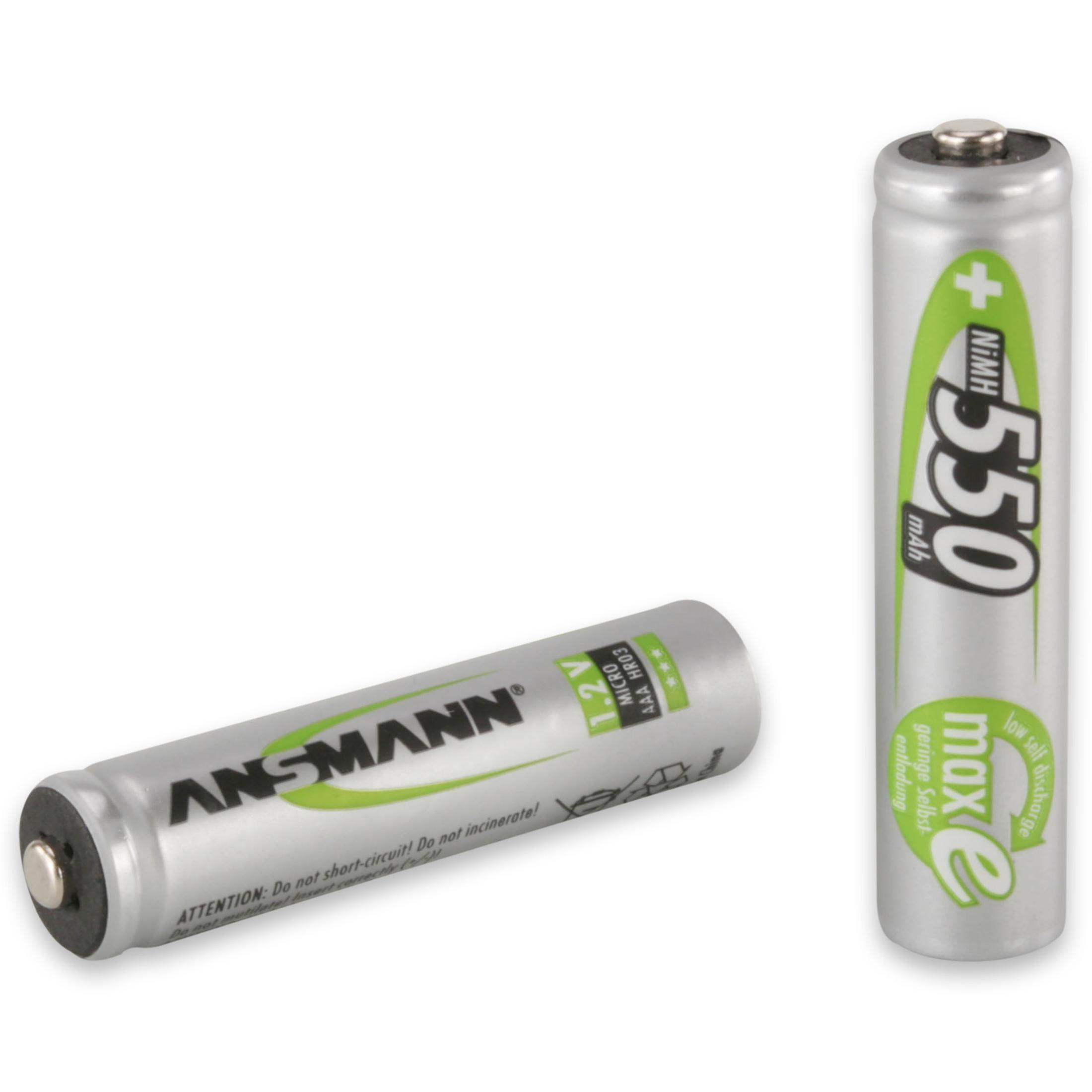 Dwa akumulatory AA. Jeden leży na boku, drugi stoi.