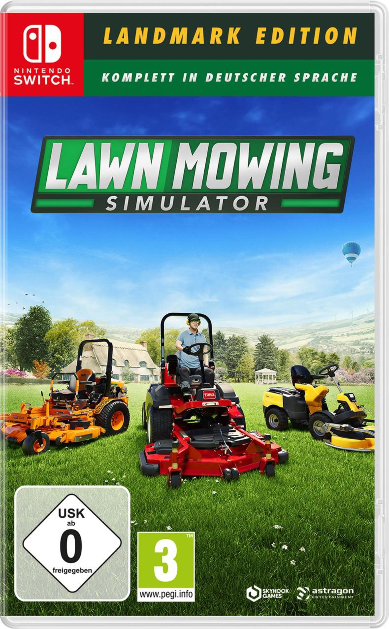 Spielcover: Lawn Mowing Simulator, Nintendo Switch. Zeigt Rasenmäher auf Gras mit blauem Himmel.